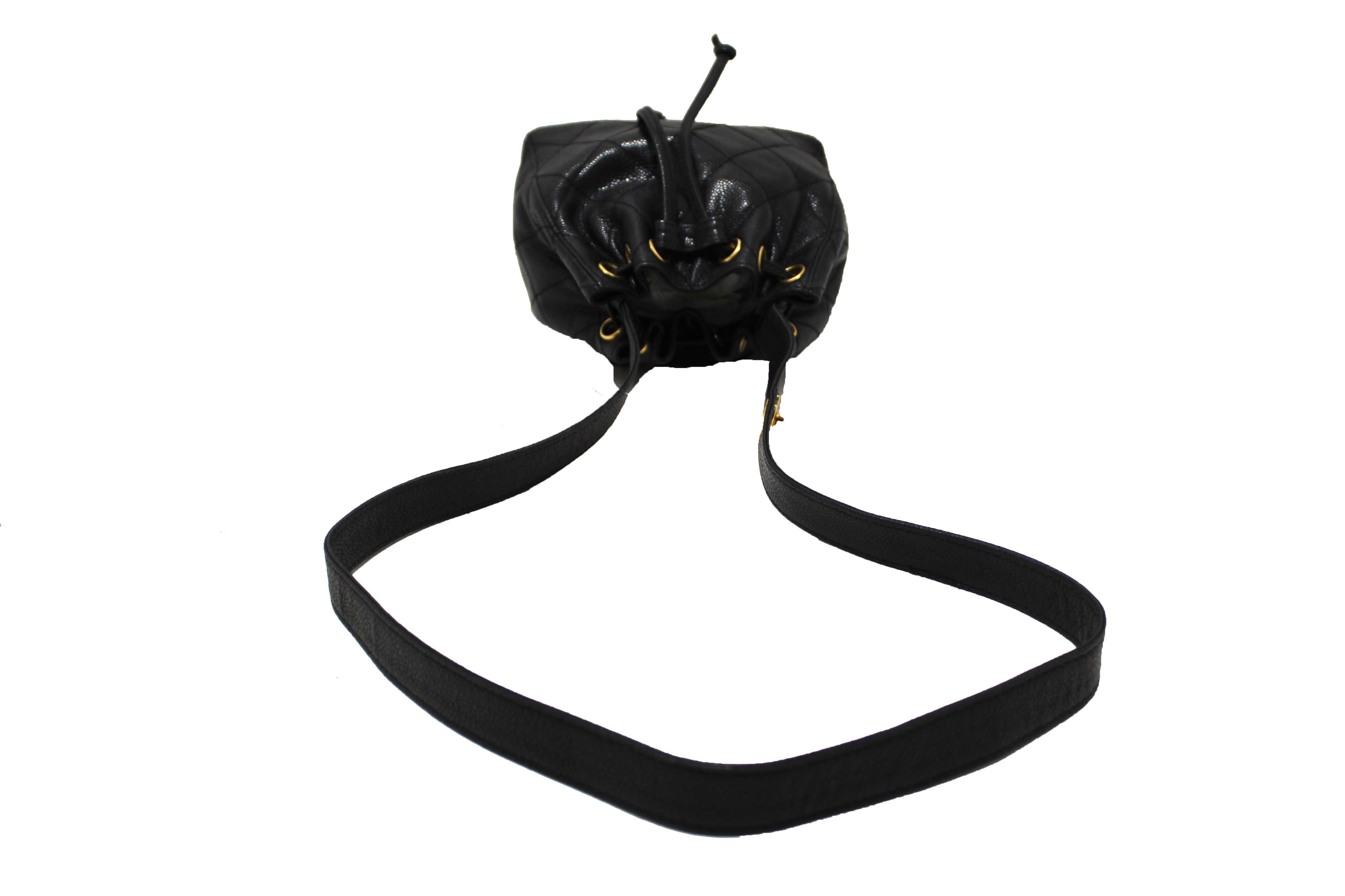 Authentic Chanel Black Caviar Leather Mini Drawstring Bucket Crossbody Bag