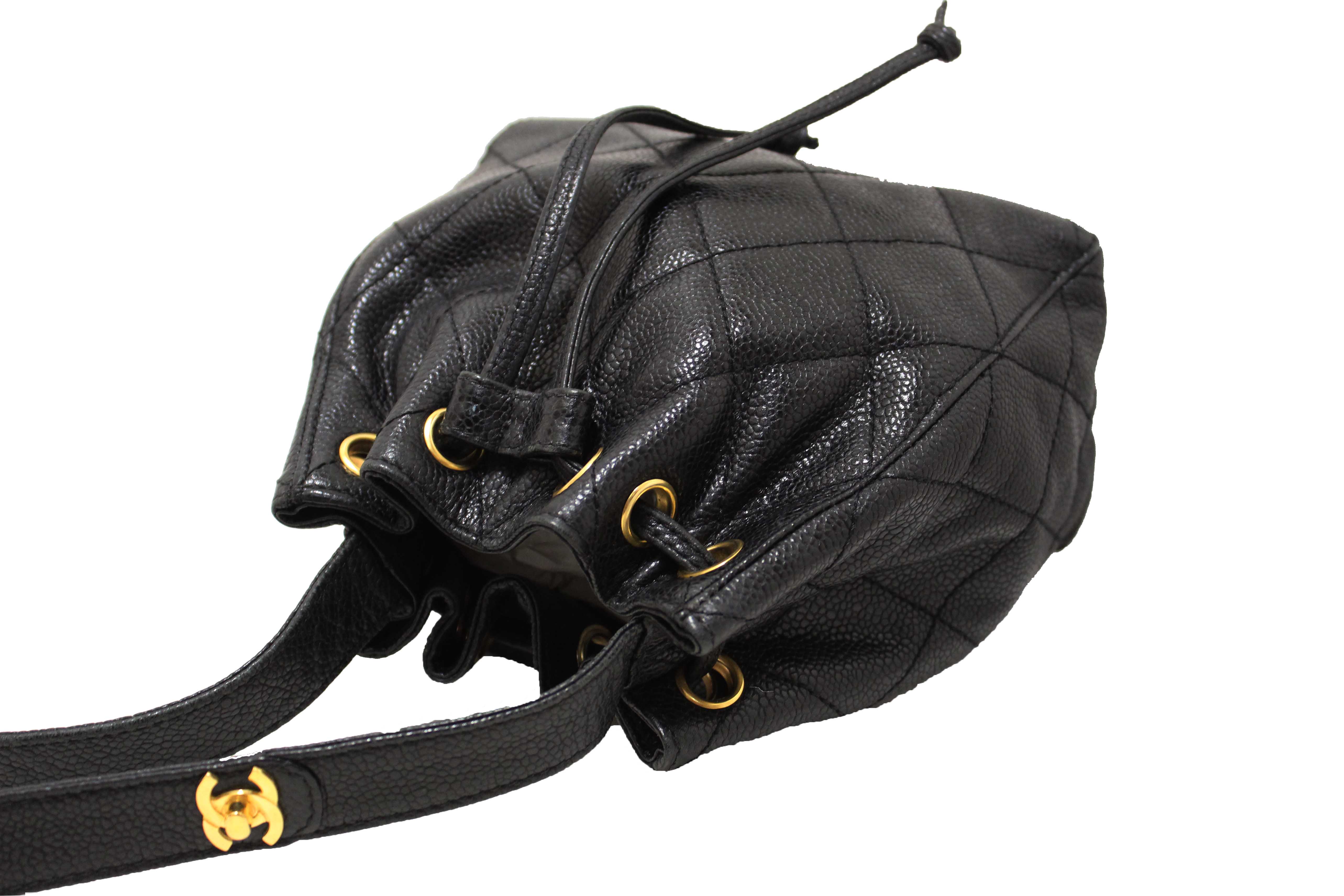 Authentic Chanel Black Caviar Leather Mini Drawstring Bucket Crossbody Bag