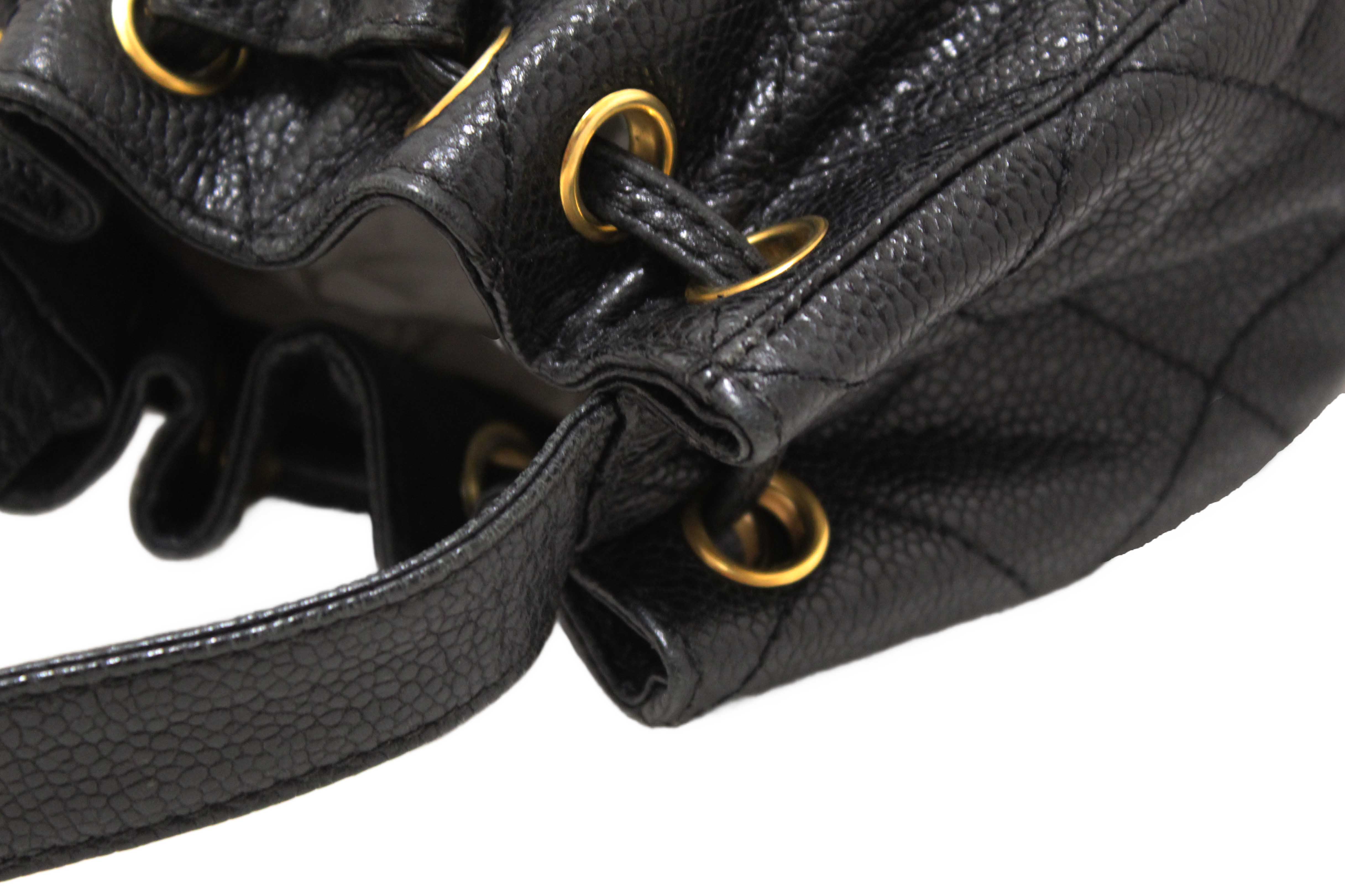 Authentic Chanel Black Caviar Leather Mini Drawstring Bucket Crossbody Bag