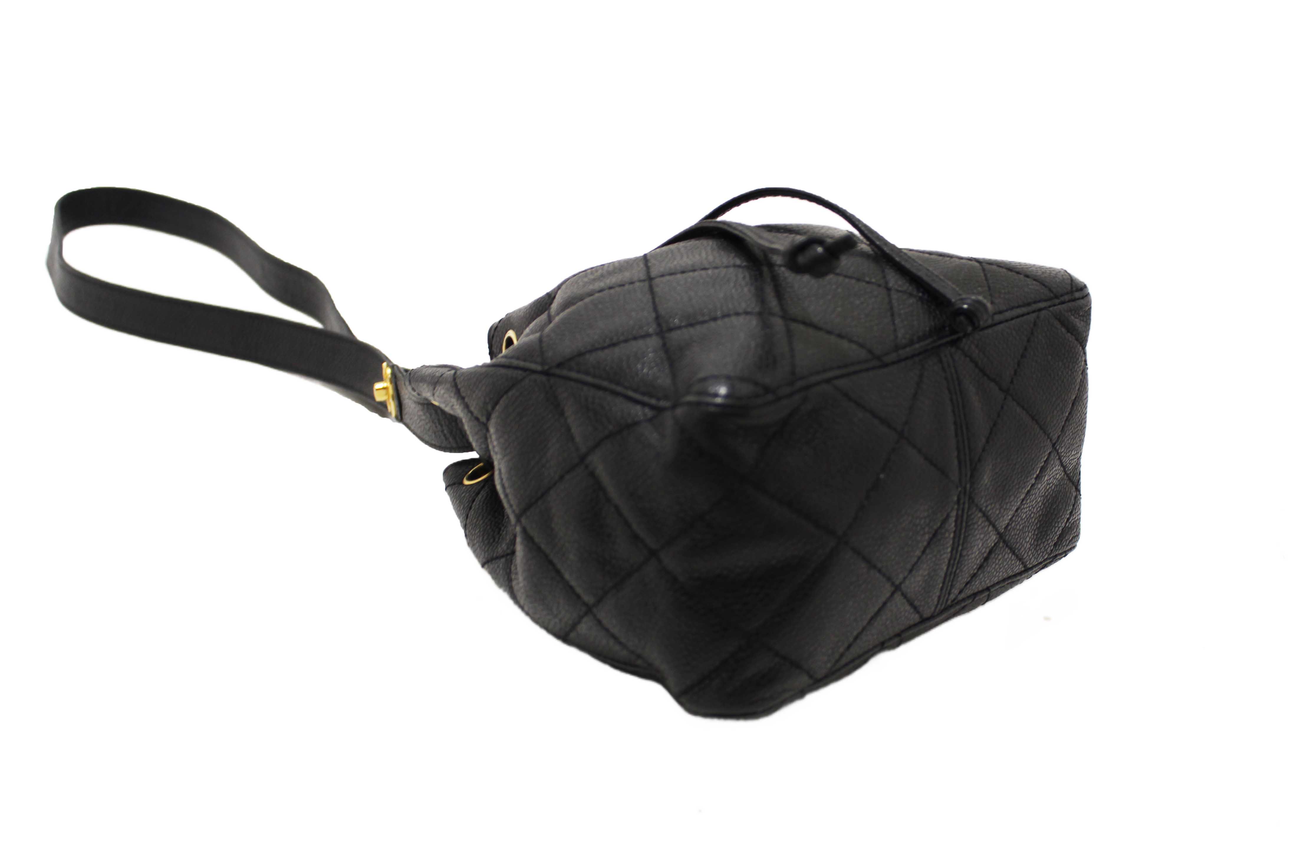 Authentic Chanel Black Caviar Leather Mini Drawstring Bucket Crossbody Bag