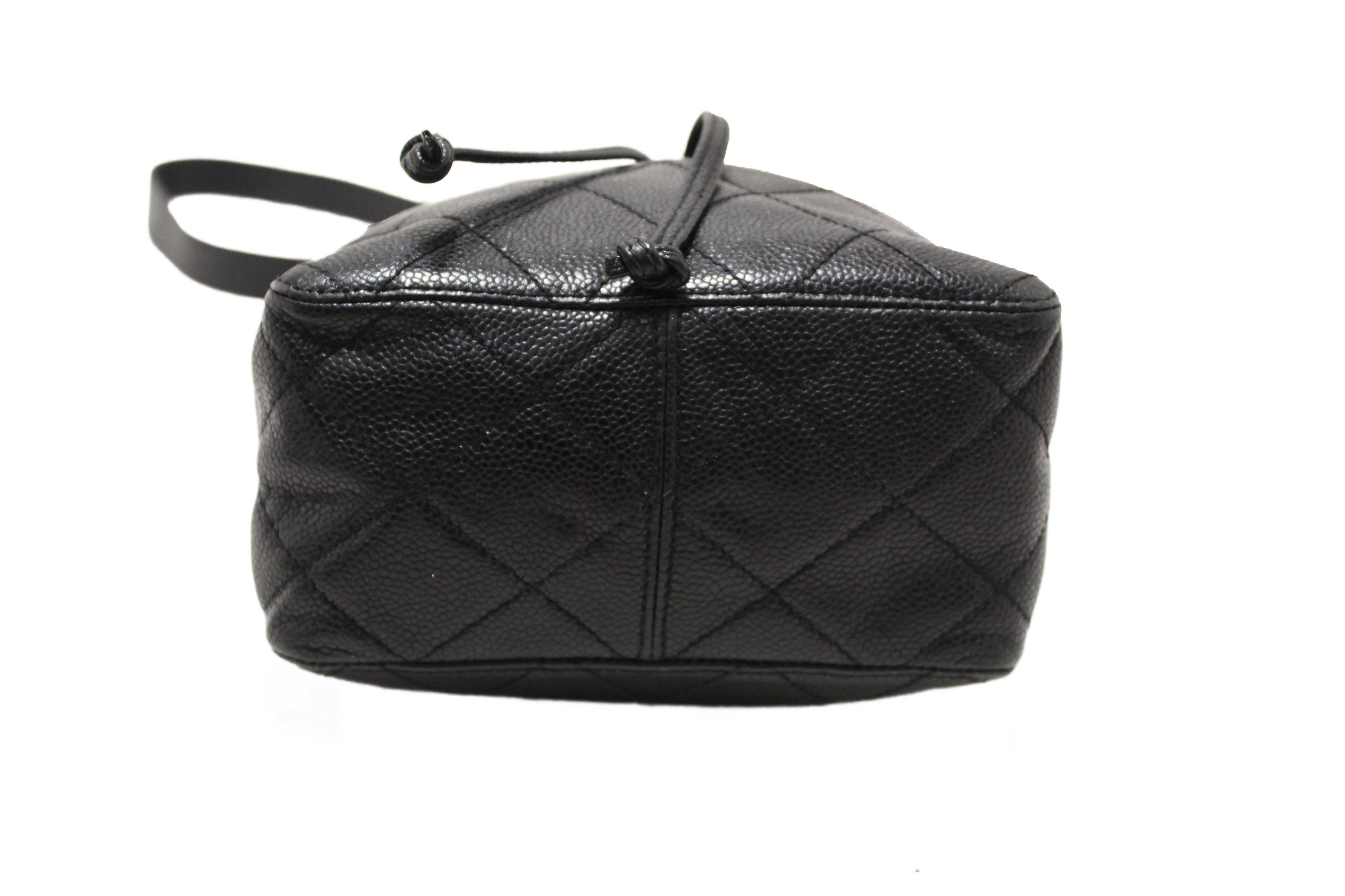 Authentic Chanel Black Caviar Leather Mini Drawstring Bucket Crossbody Bag