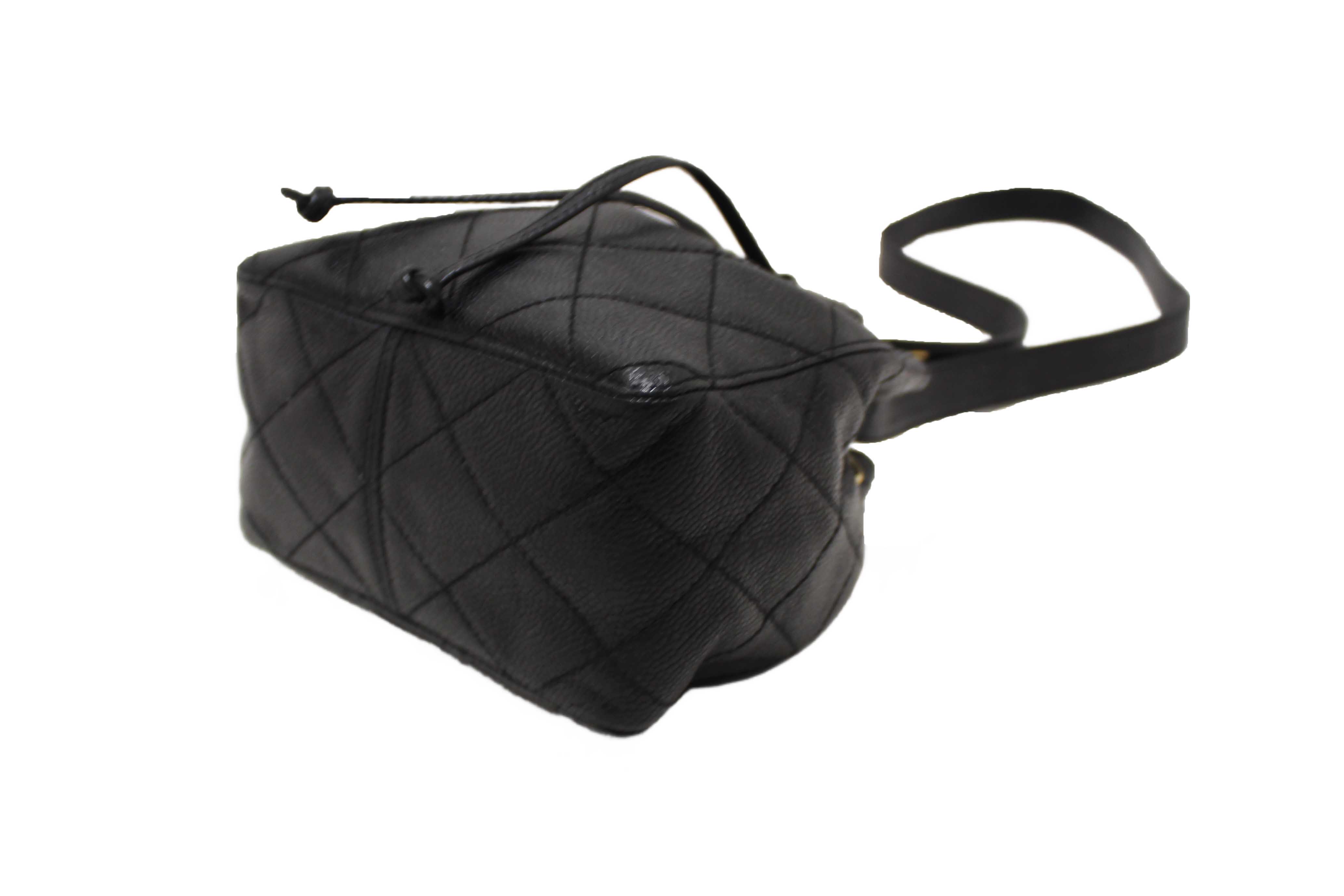 Authentic Chanel Black Caviar Leather Mini Drawstring Bucket Crossbody Bag