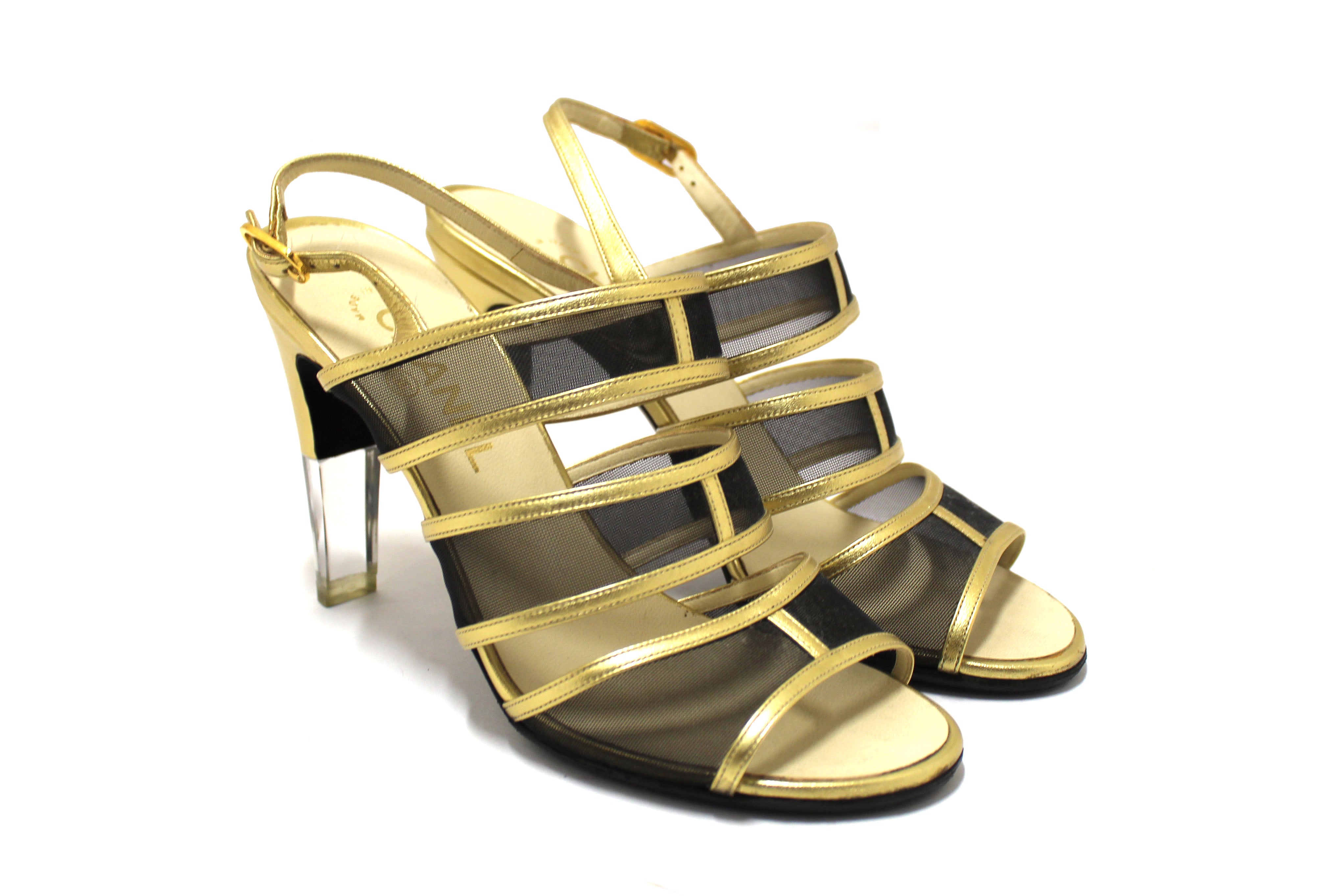 Authentic Chanel Gold Leather and Black Mesh Lucite Heel Sandals Size 38