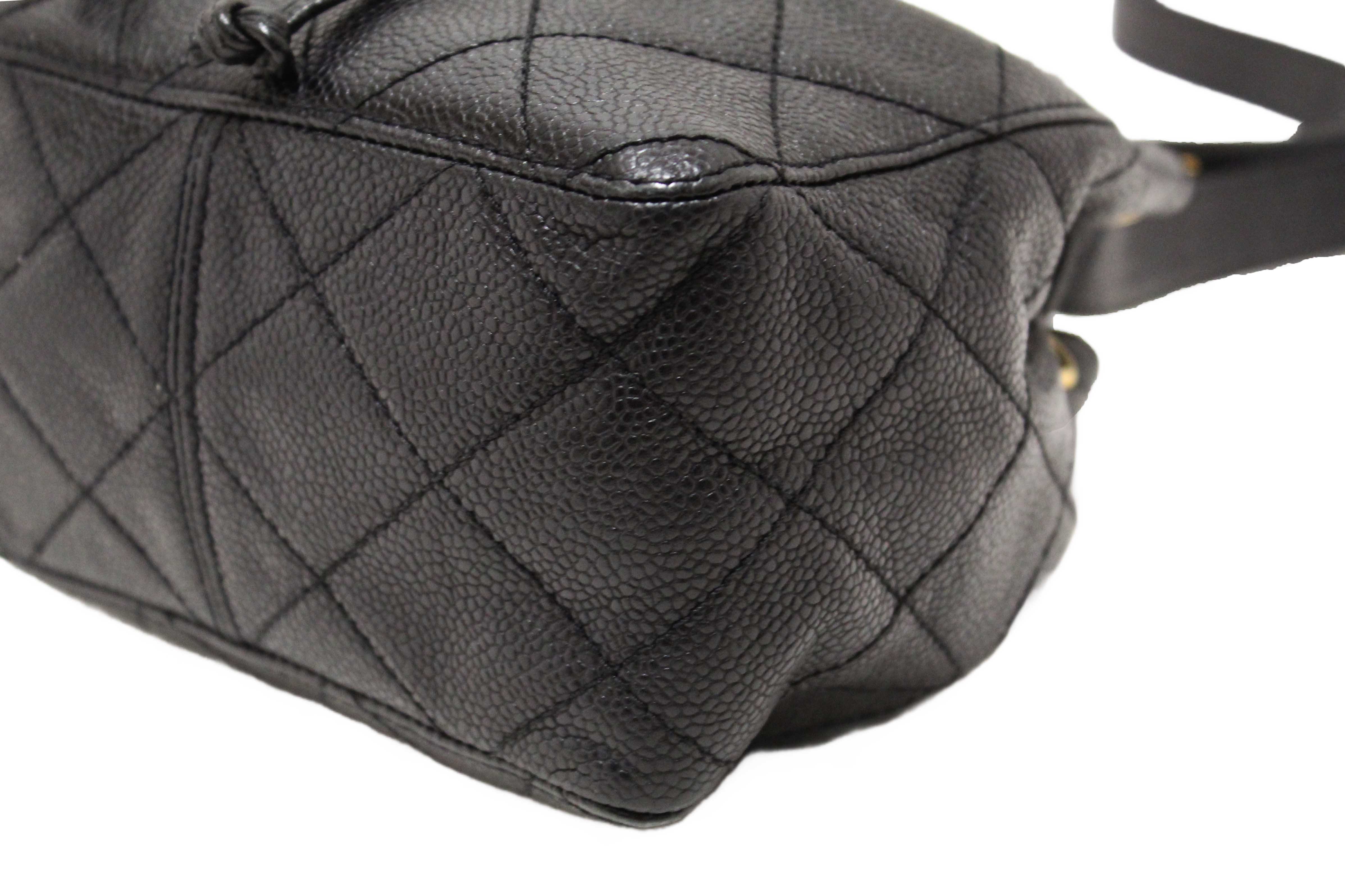 Authentic Chanel Black Caviar Leather Mini Drawstring Bucket Crossbody Bag
