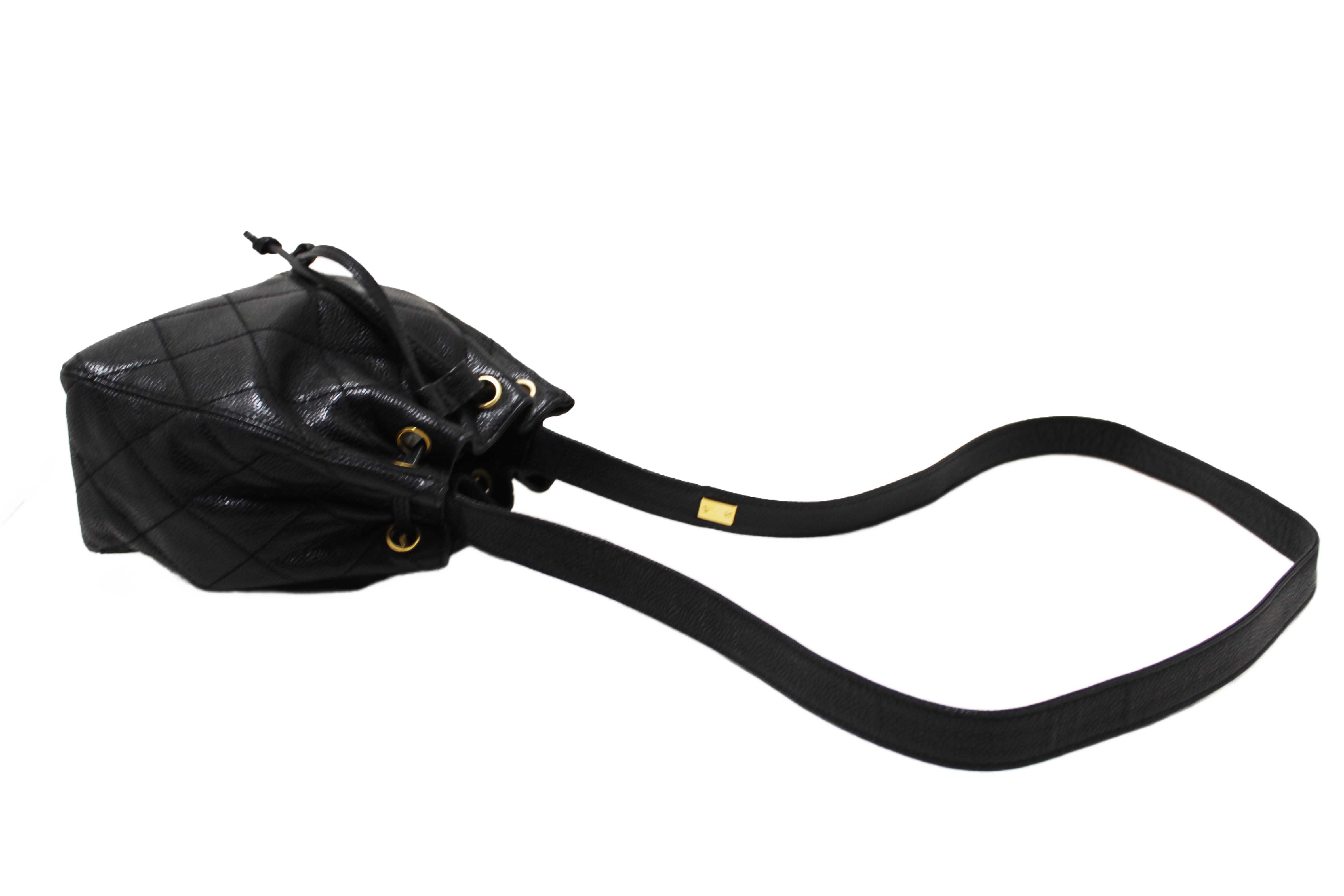 Authentic Chanel Black Caviar Leather Mini Drawstring Bucket Crossbody Bag
