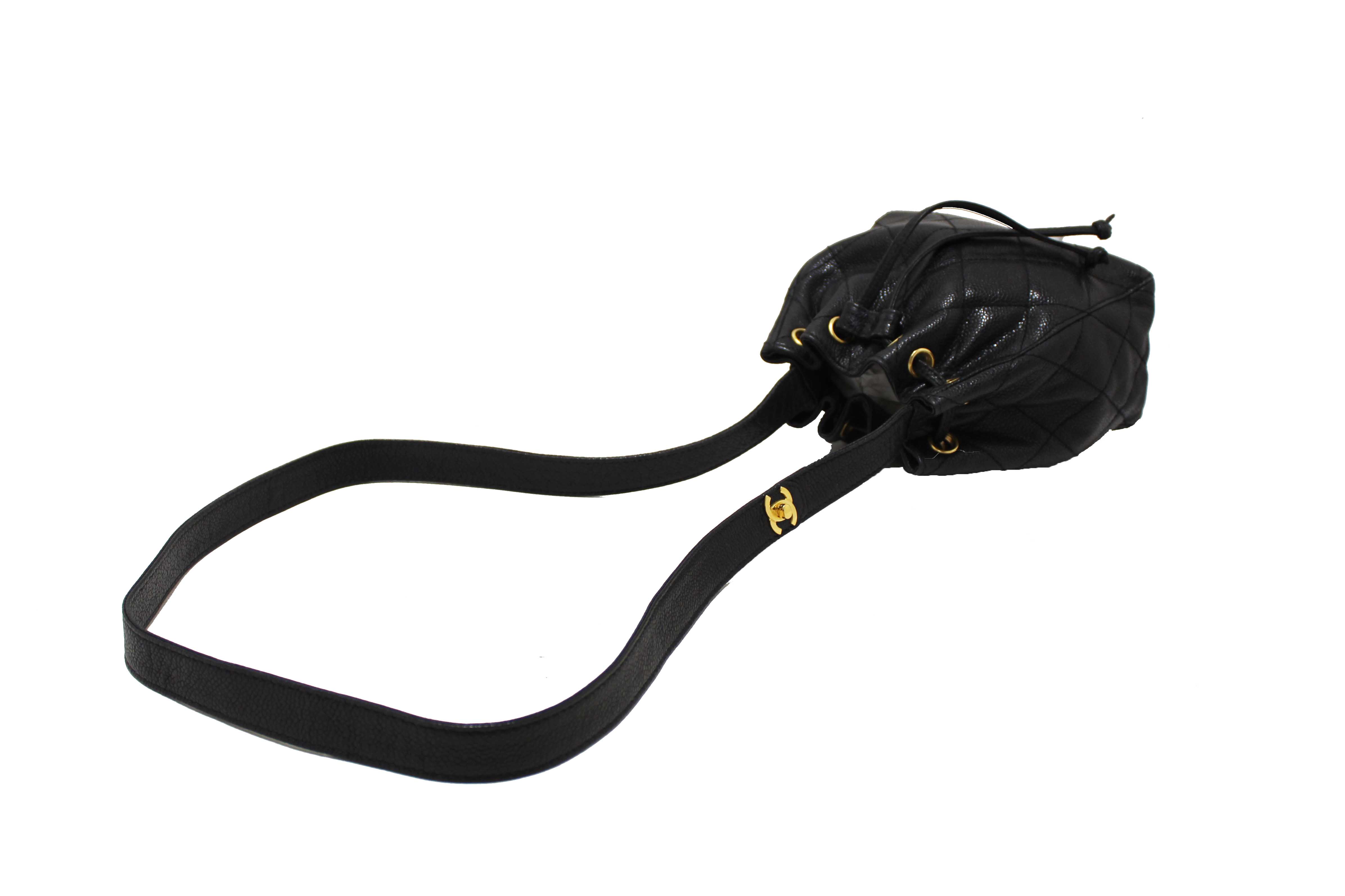 Authentic Chanel Black Caviar Leather Mini Drawstring Bucket Crossbody Bag