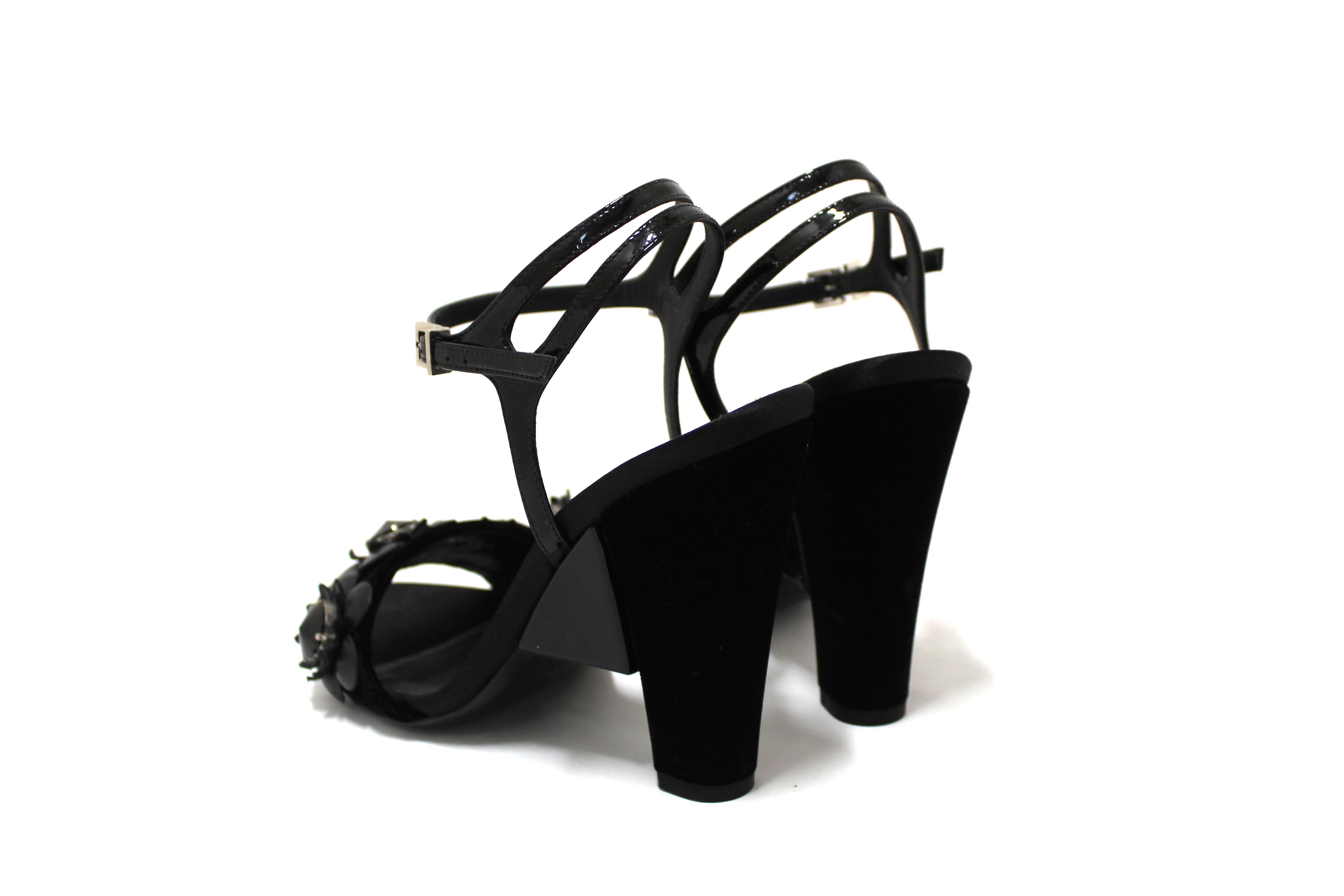 Authentic Fendi Black Velvet Flowerland Jewel Ankle Strap Sandals Size 38.5