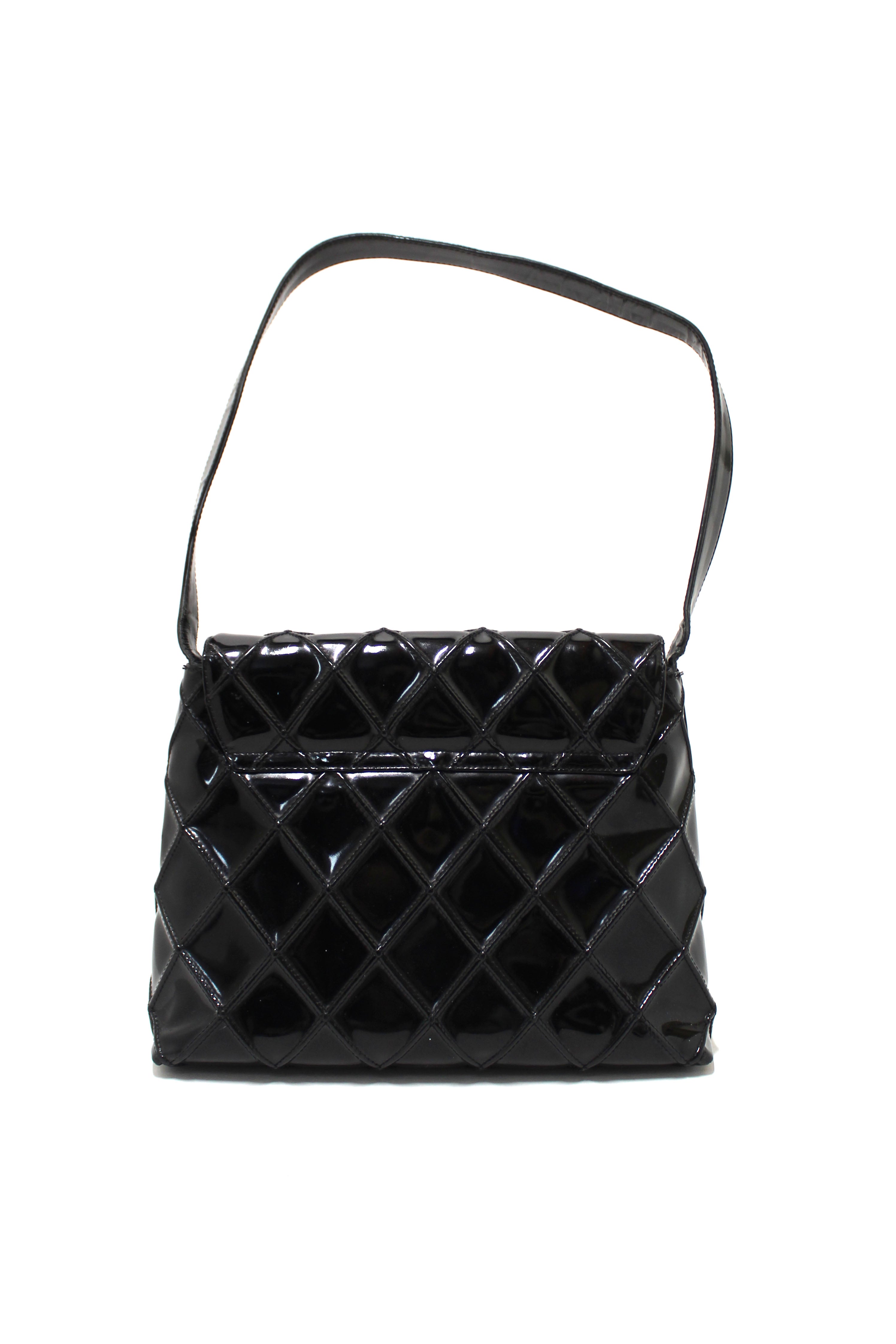 Authentic Chanel Black Quilted Patent Leather CC Twist Flap Shoulder Bag