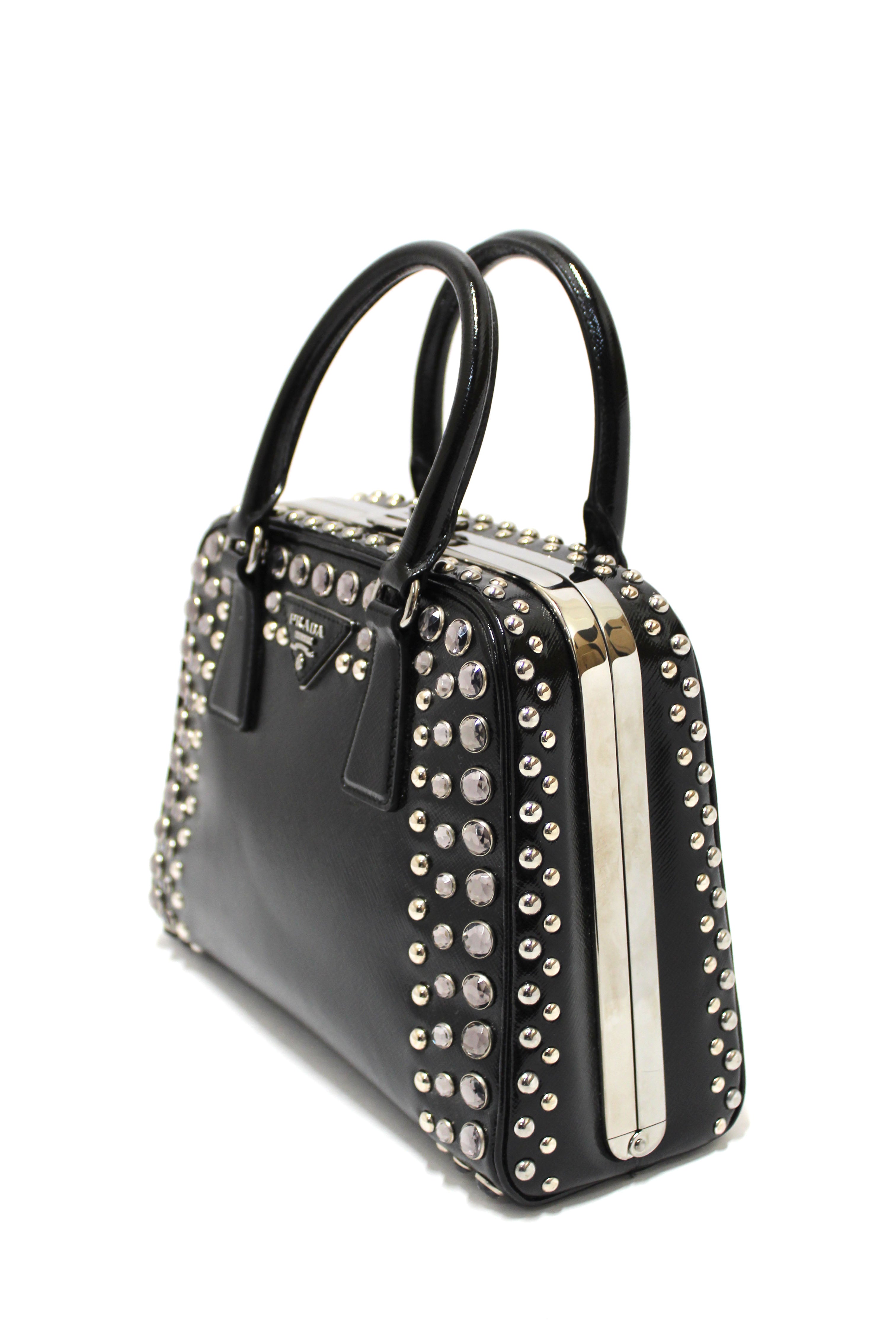 Authentic Prada Black Patent Saffiano Leather Studded Pyramid Bag