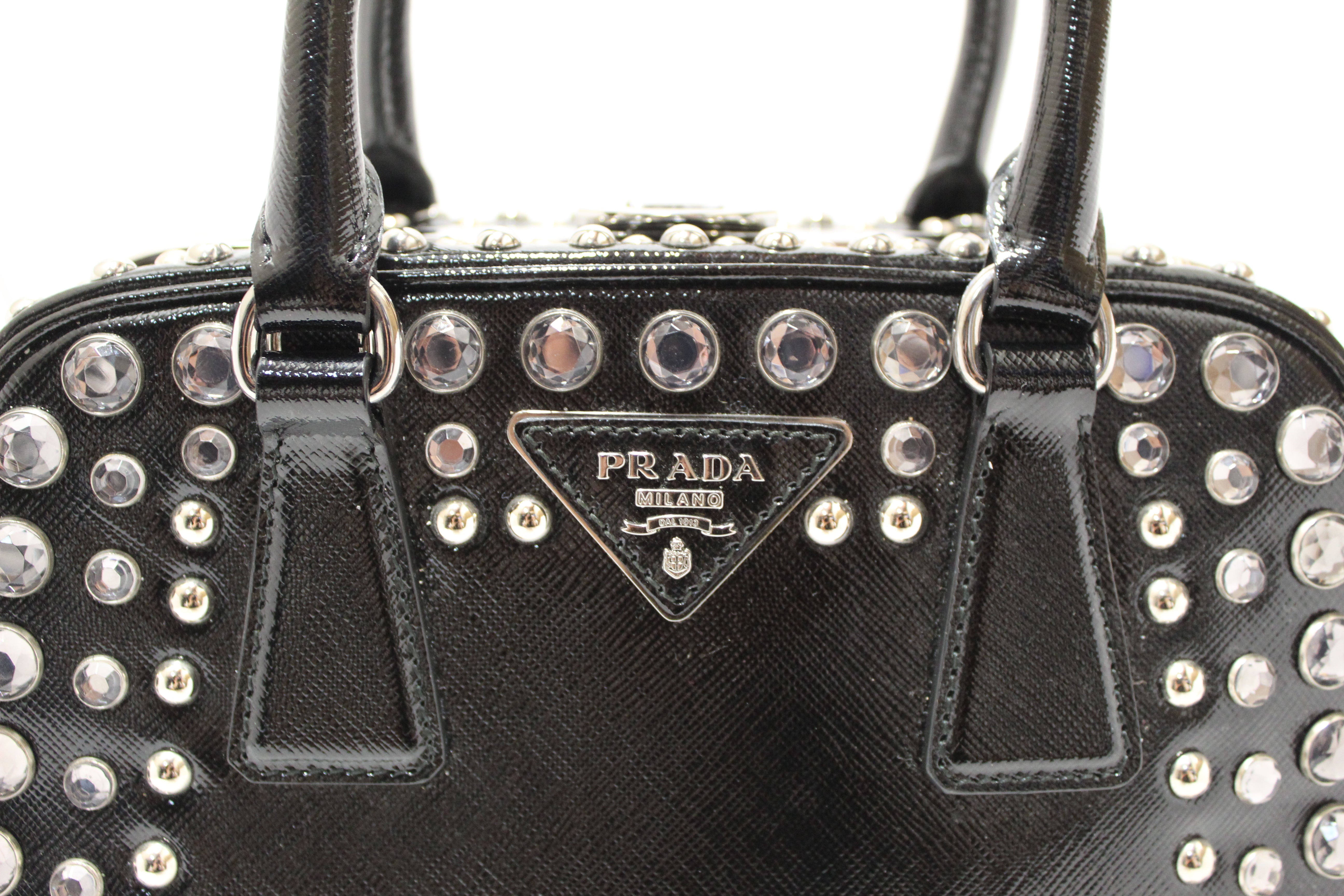 Authentic Prada Black Patent Saffiano Leather Studded Pyramid Bag