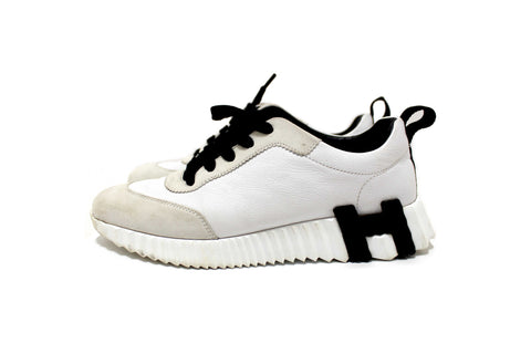 Authentic Hermes White and Black Goat Leather Bouncing Sneakers Size 37