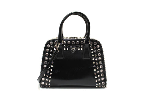 Authentic Prada Black Patent Saffiano Leather Studded Pyramid Bag