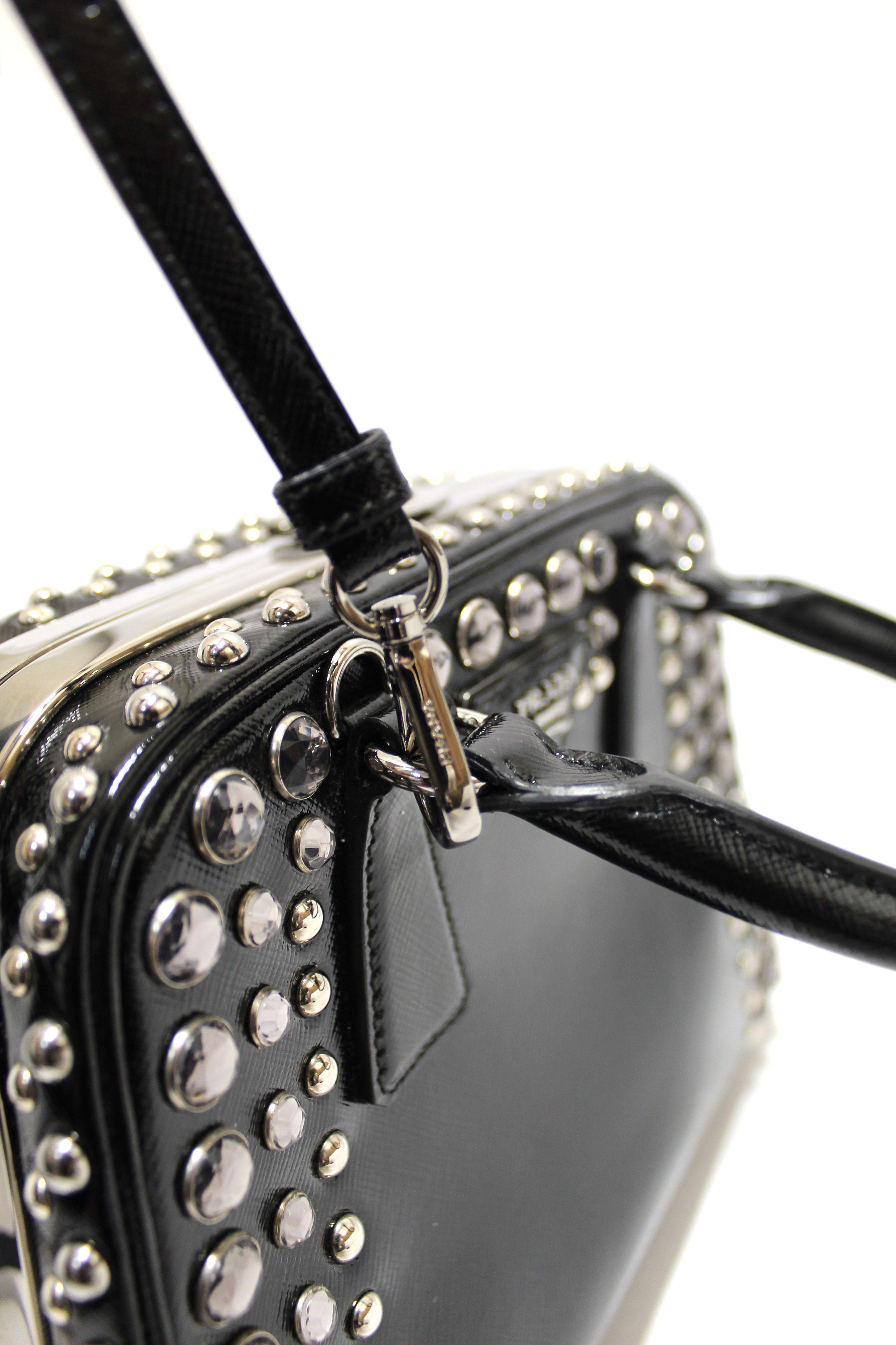 Authentic Prada Black Patent Saffiano Leather Studded Pyramid Bag