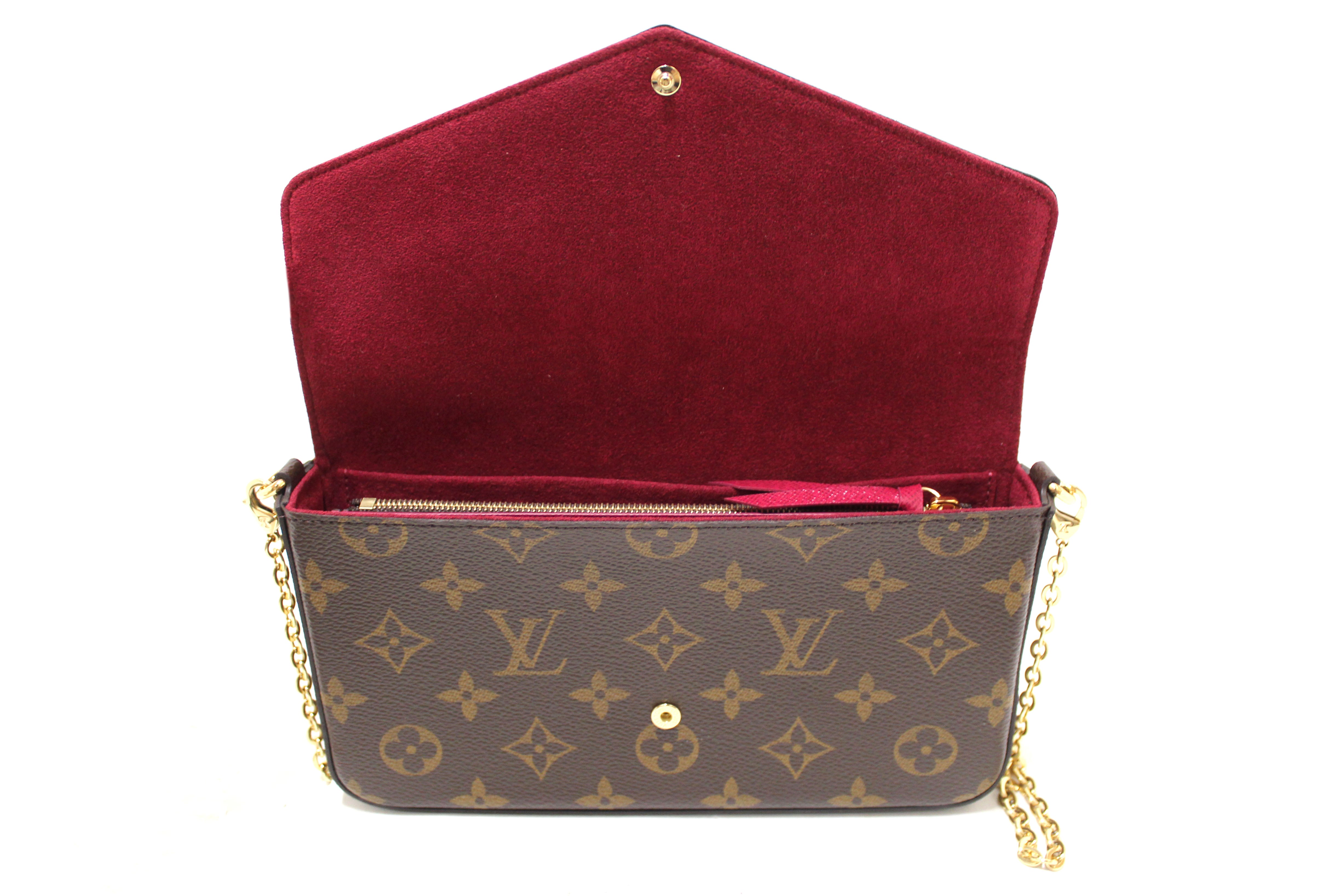 Authentic Louis Vuitton Classic Monogram and Fuchsia Pink Felicie Pochette Crossbody Bag