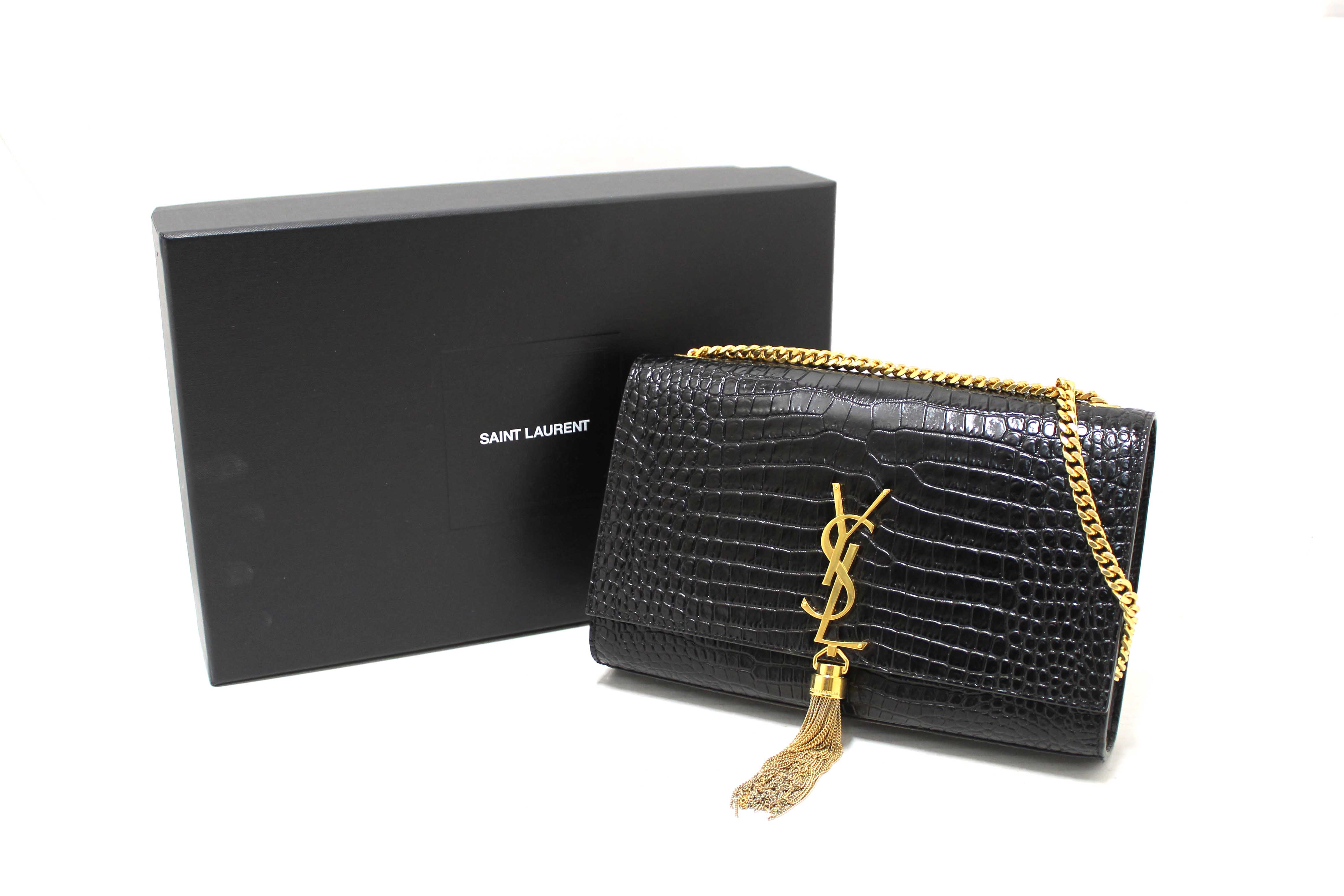 Authentic Saint Laurent Black Crocodile-Embossed Leather and Tassel Medium Kate Chain Bag