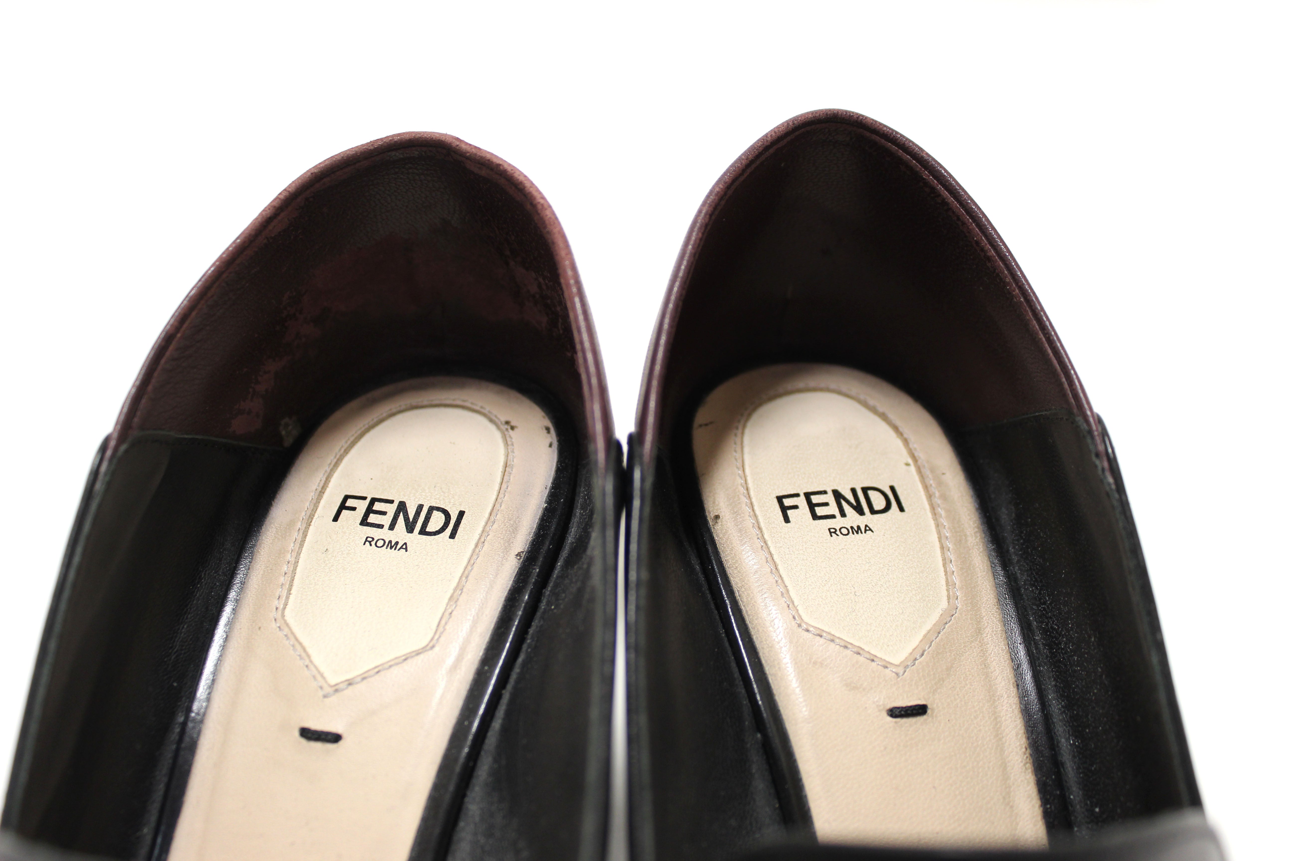 Authentic Fendi Black and Maroon Leather Studded Loafer Shoes Size 38.5