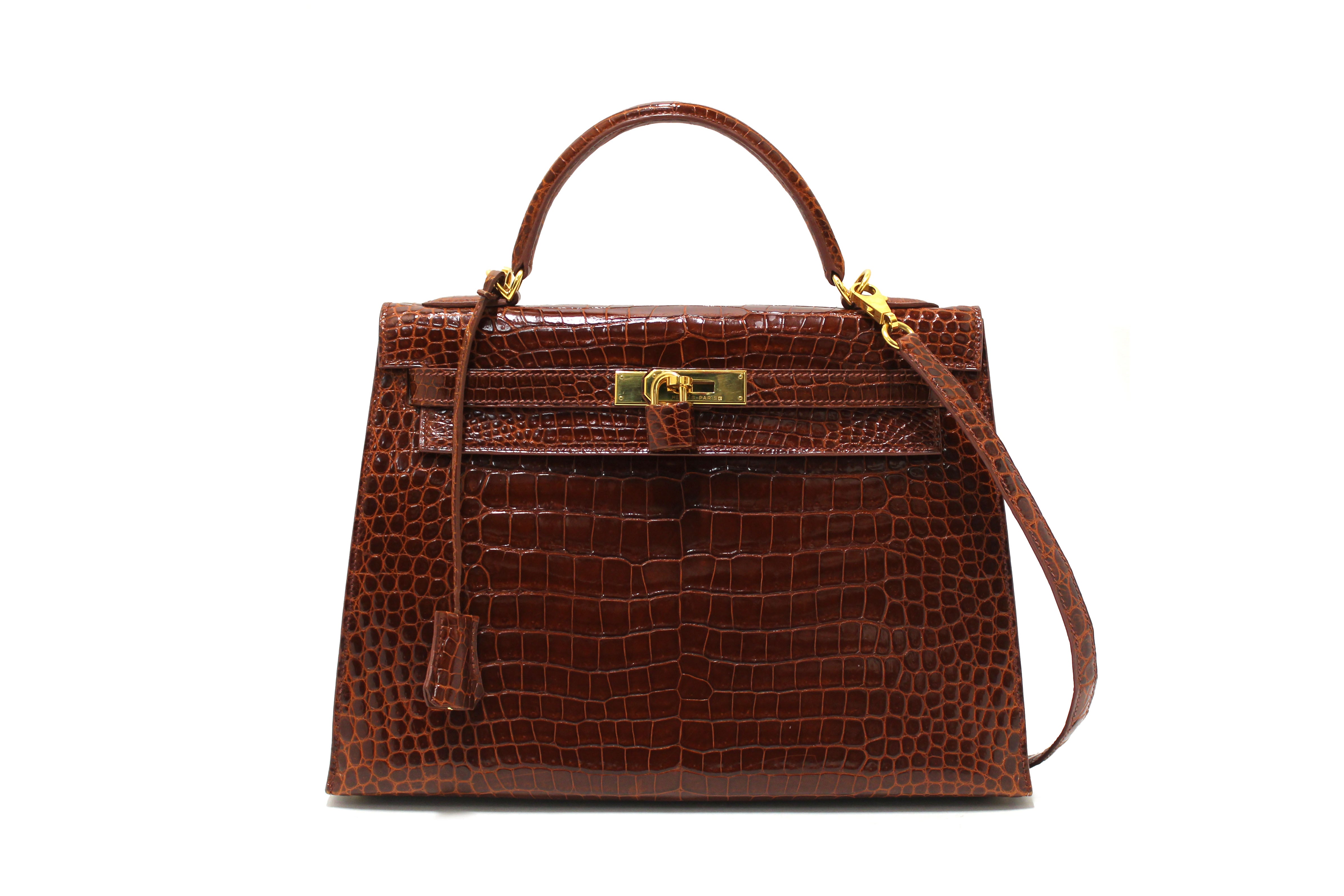 Authentic Hermes Vintage Miel Shiny Alligator Kelly Sellier 32