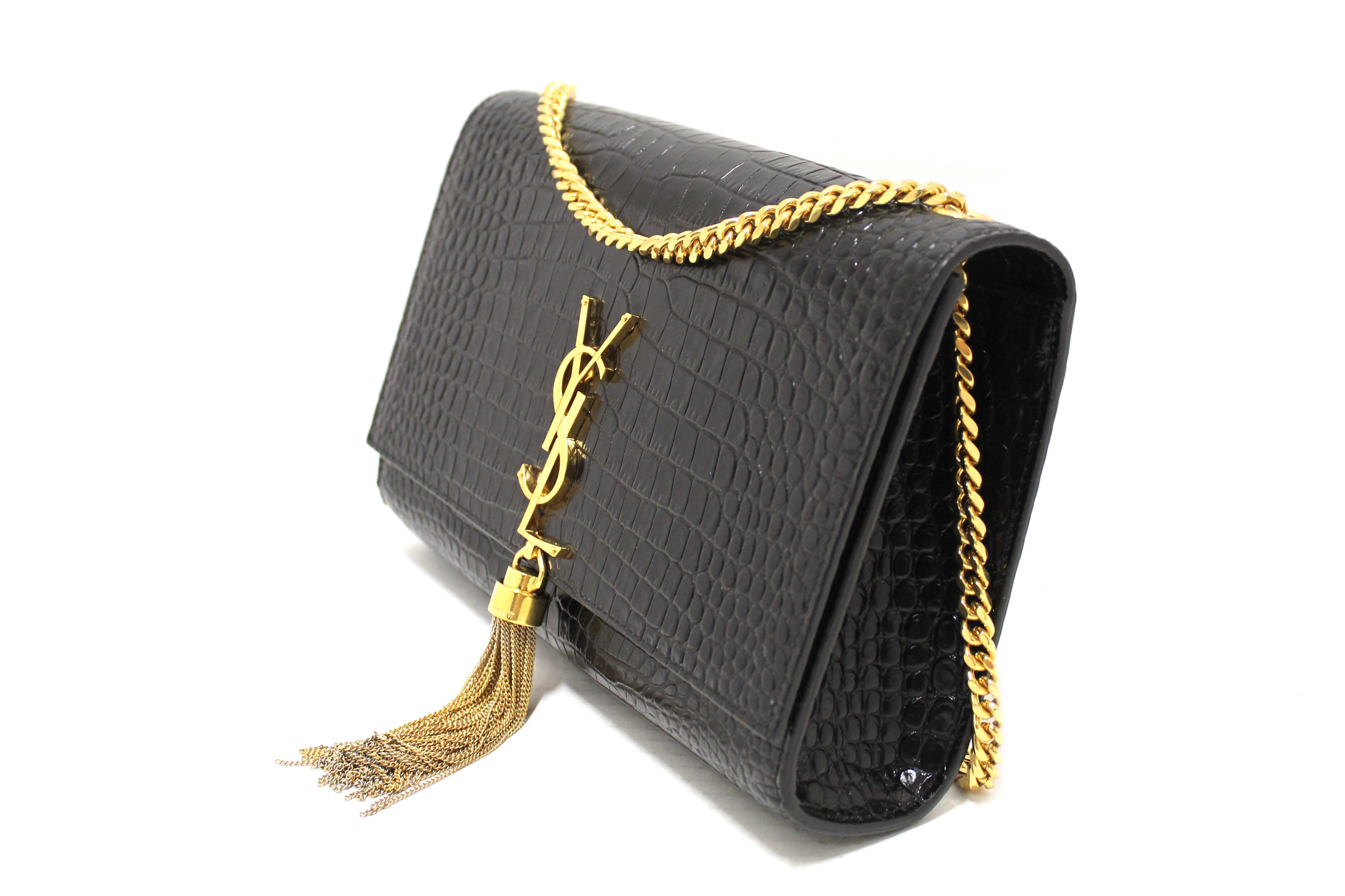 Authentic Saint Laurent Black Crocodile-Embossed Leather and Tassel Medium Kate Chain Bag