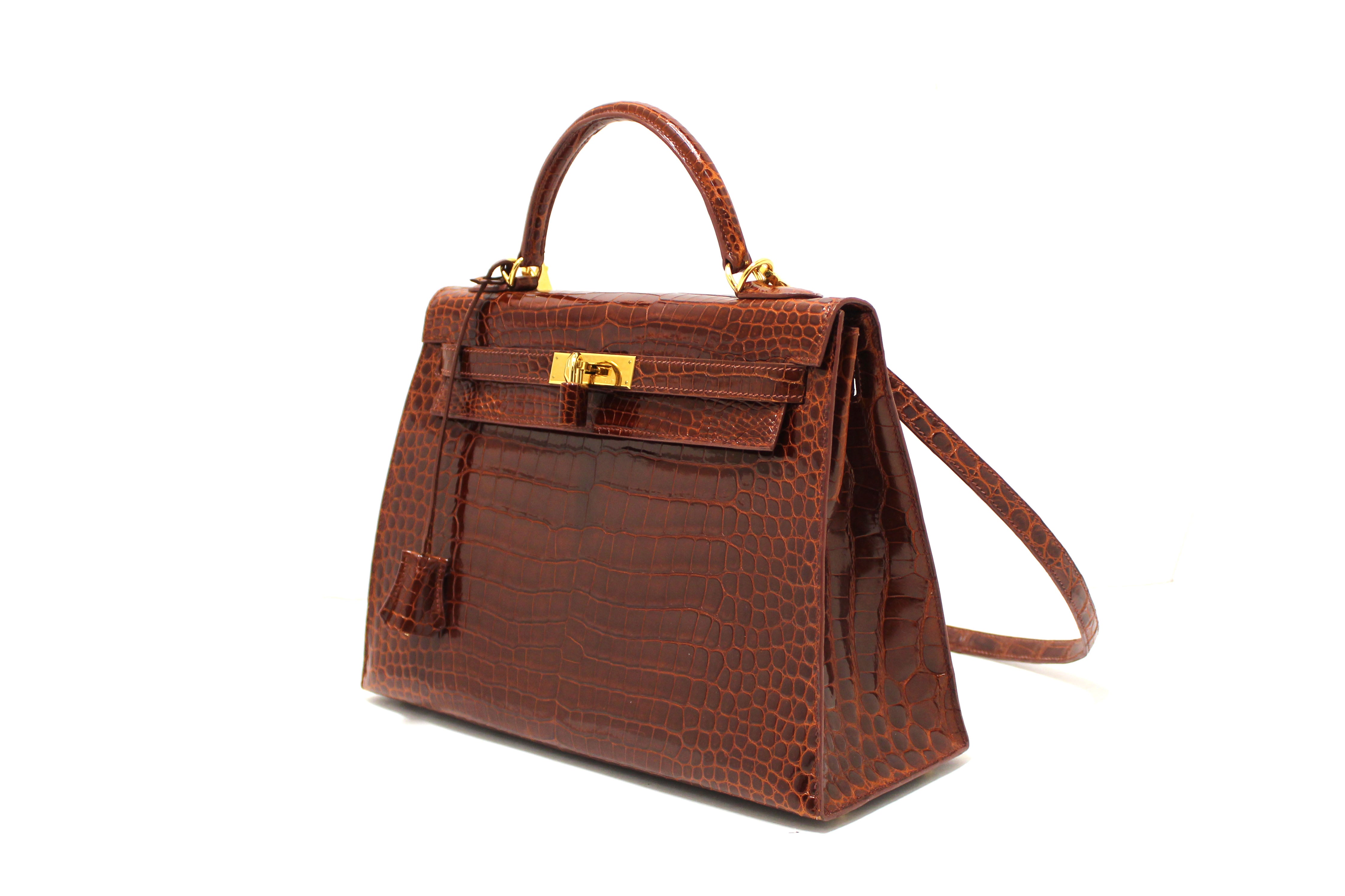 Authentic Hermes Vintage Miel Shiny Alligator Kelly Sellier 32