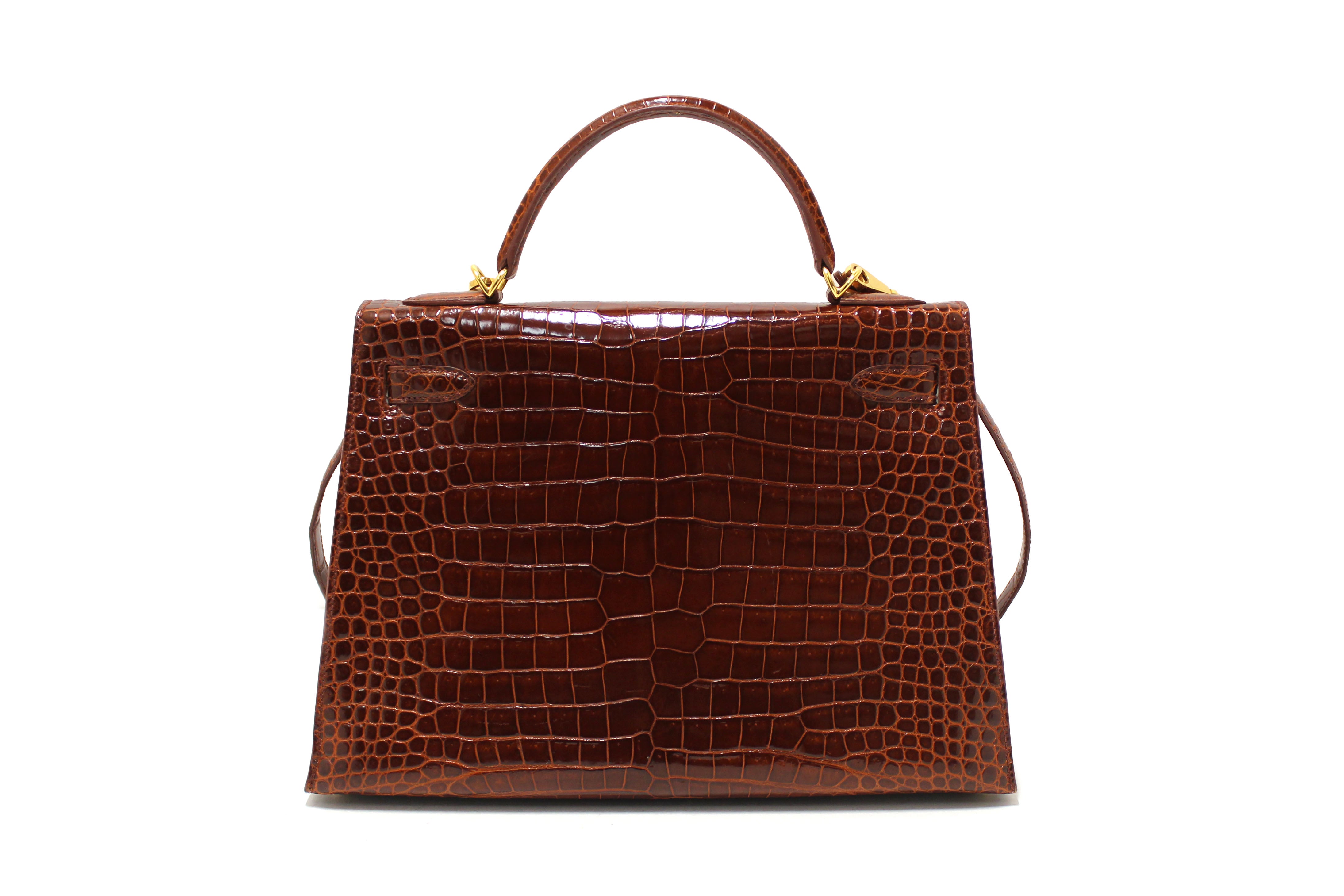 Authentic Hermes Vintage Miel Shiny Alligator Kelly Sellier 32