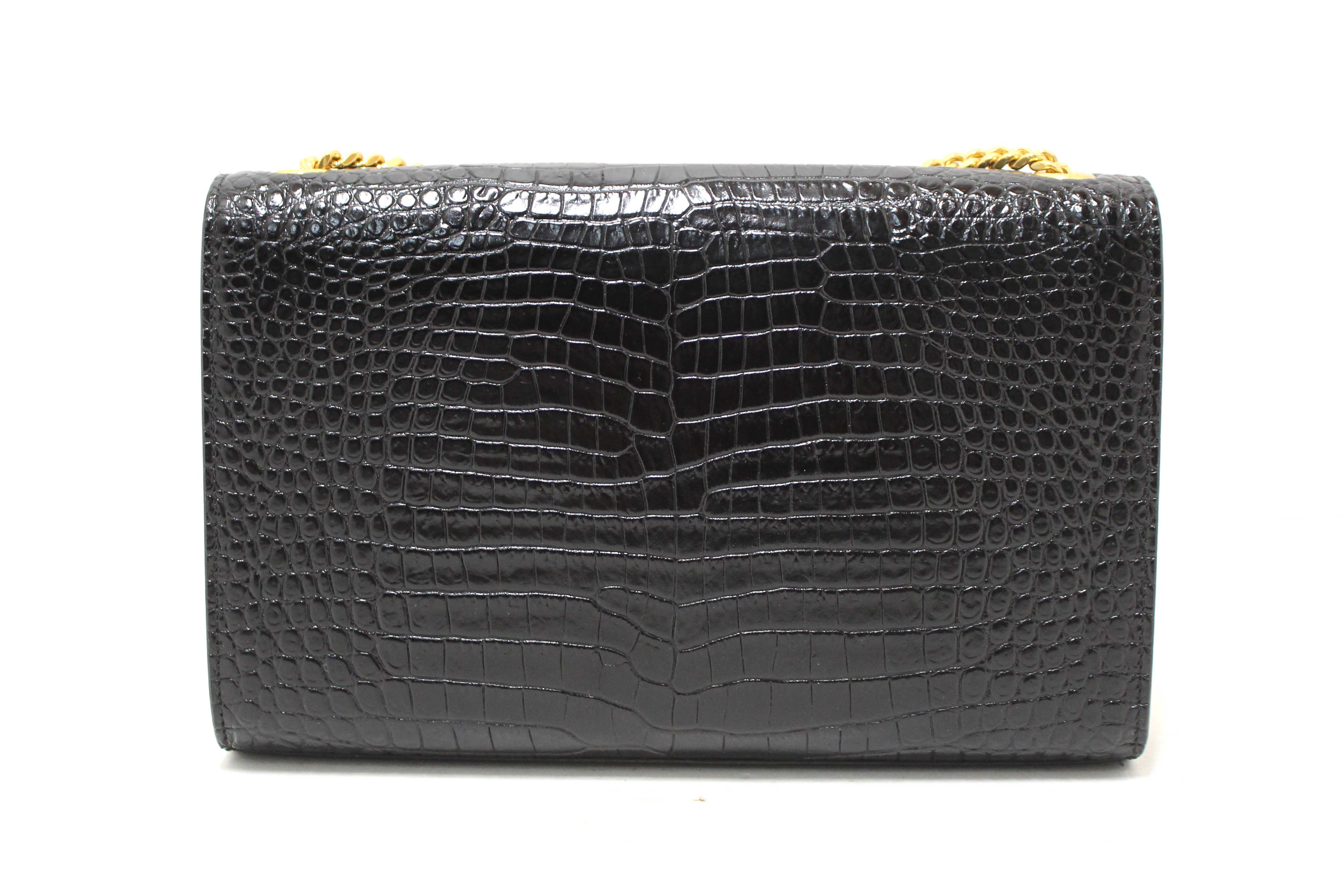 Authentic Saint Laurent Black Crocodile-Embossed Leather and Tassel Medium Kate Chain Bag