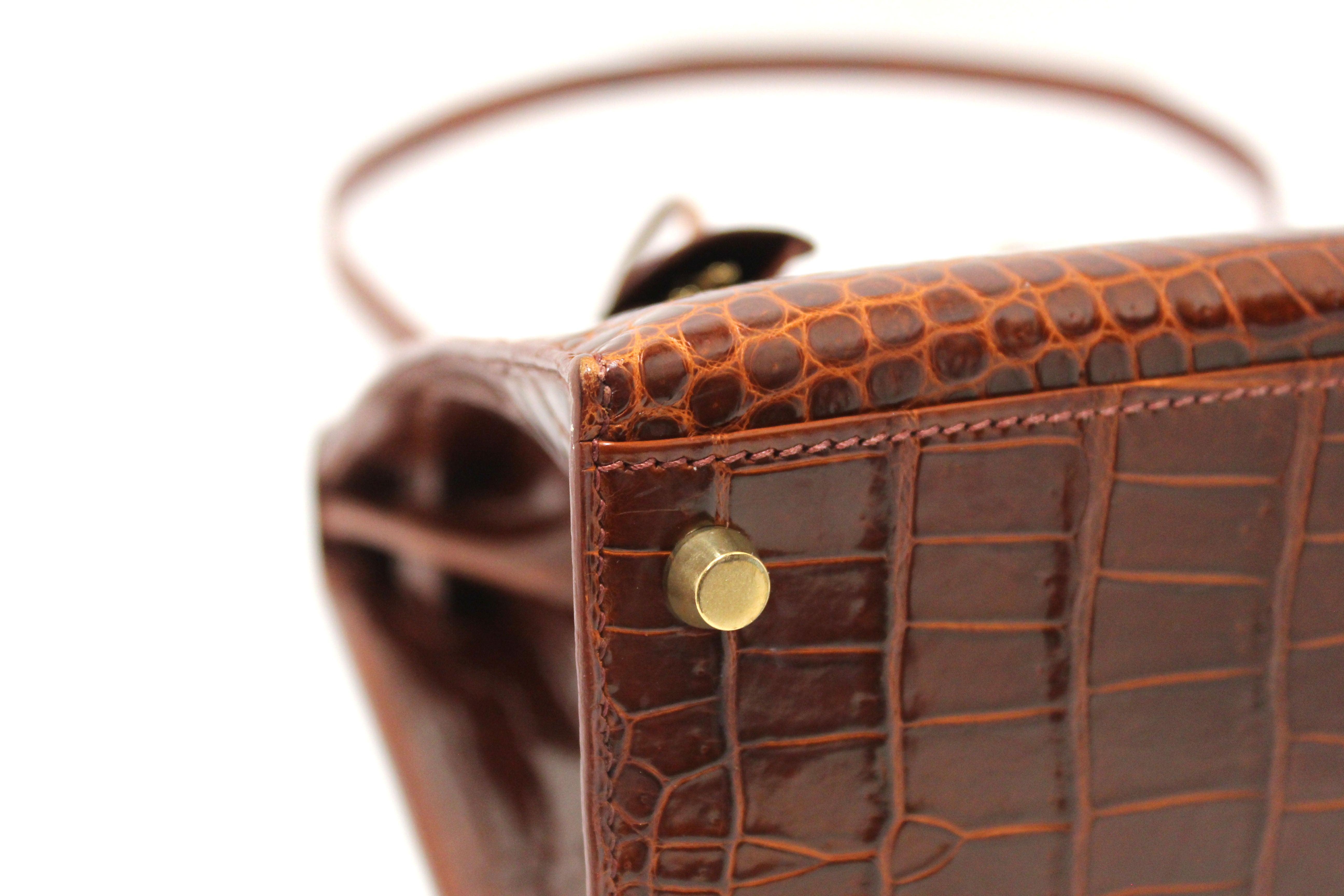 Authentic Hermes Vintage Miel Shiny Alligator Kelly Sellier 32