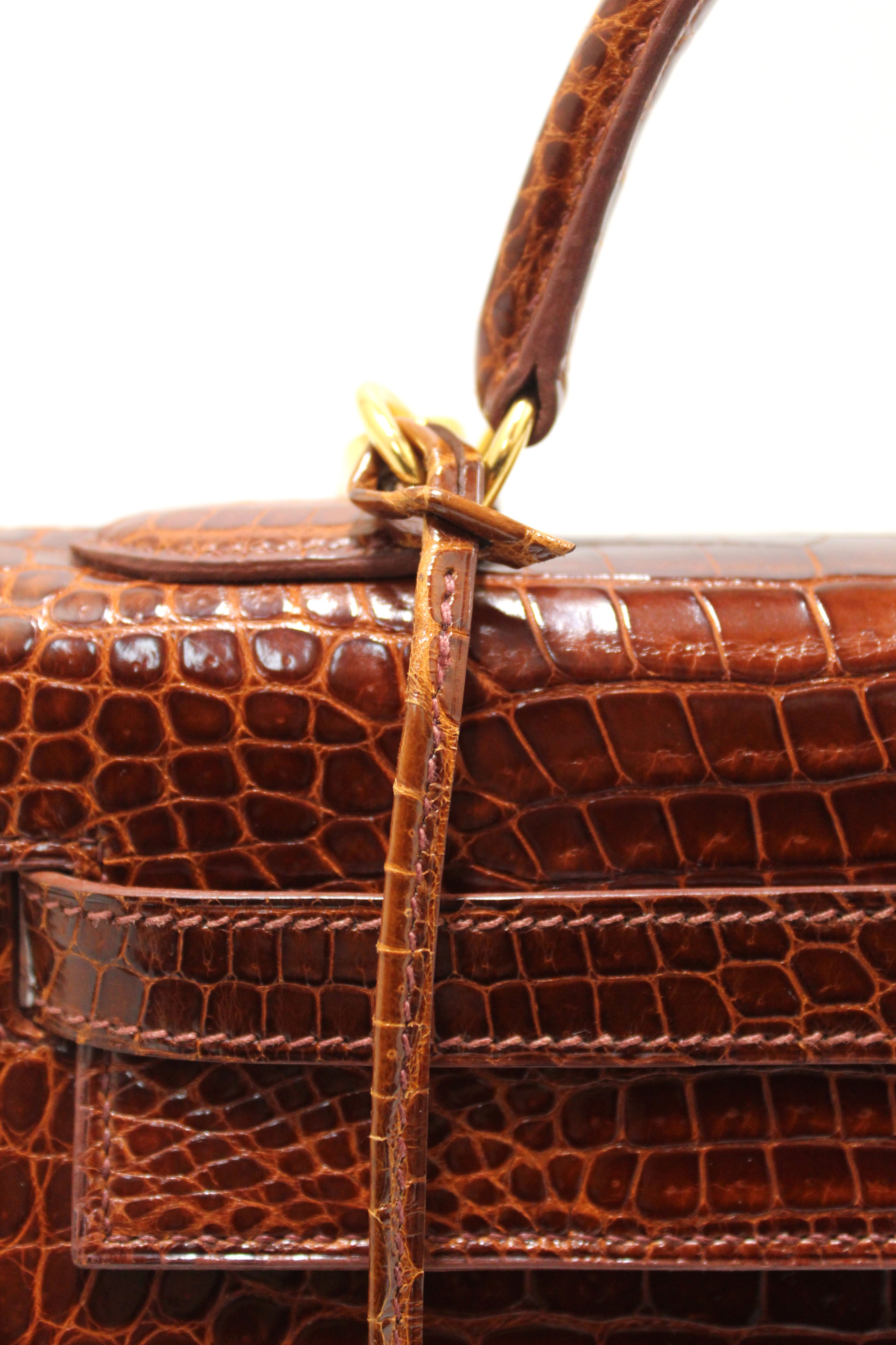 Authentic Hermes Vintage Miel Shiny Alligator Kelly Sellier 32
