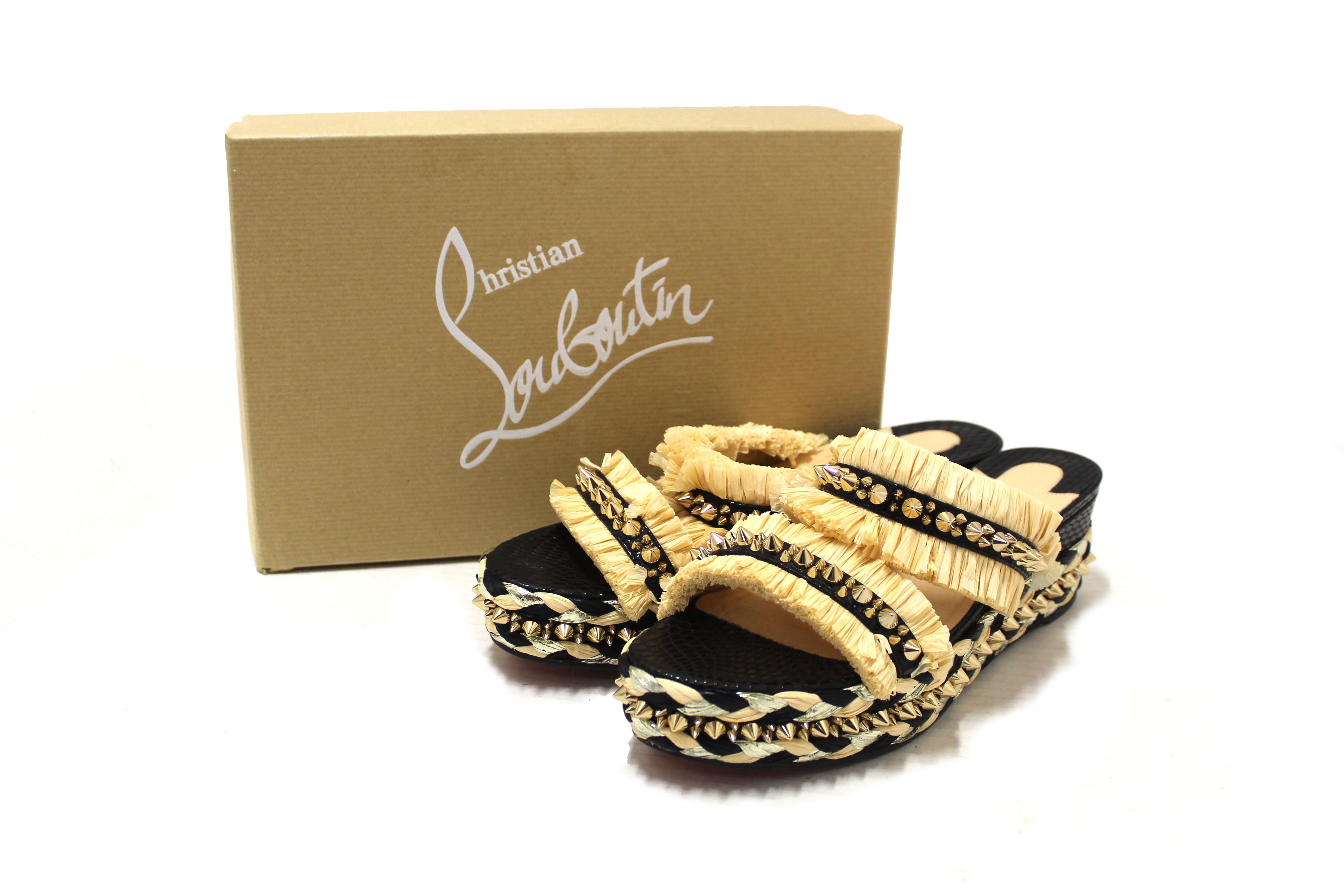 Authentic Christian Louboutin Beige Black Voltinoudou Raffia Wedge Sandals Size 39