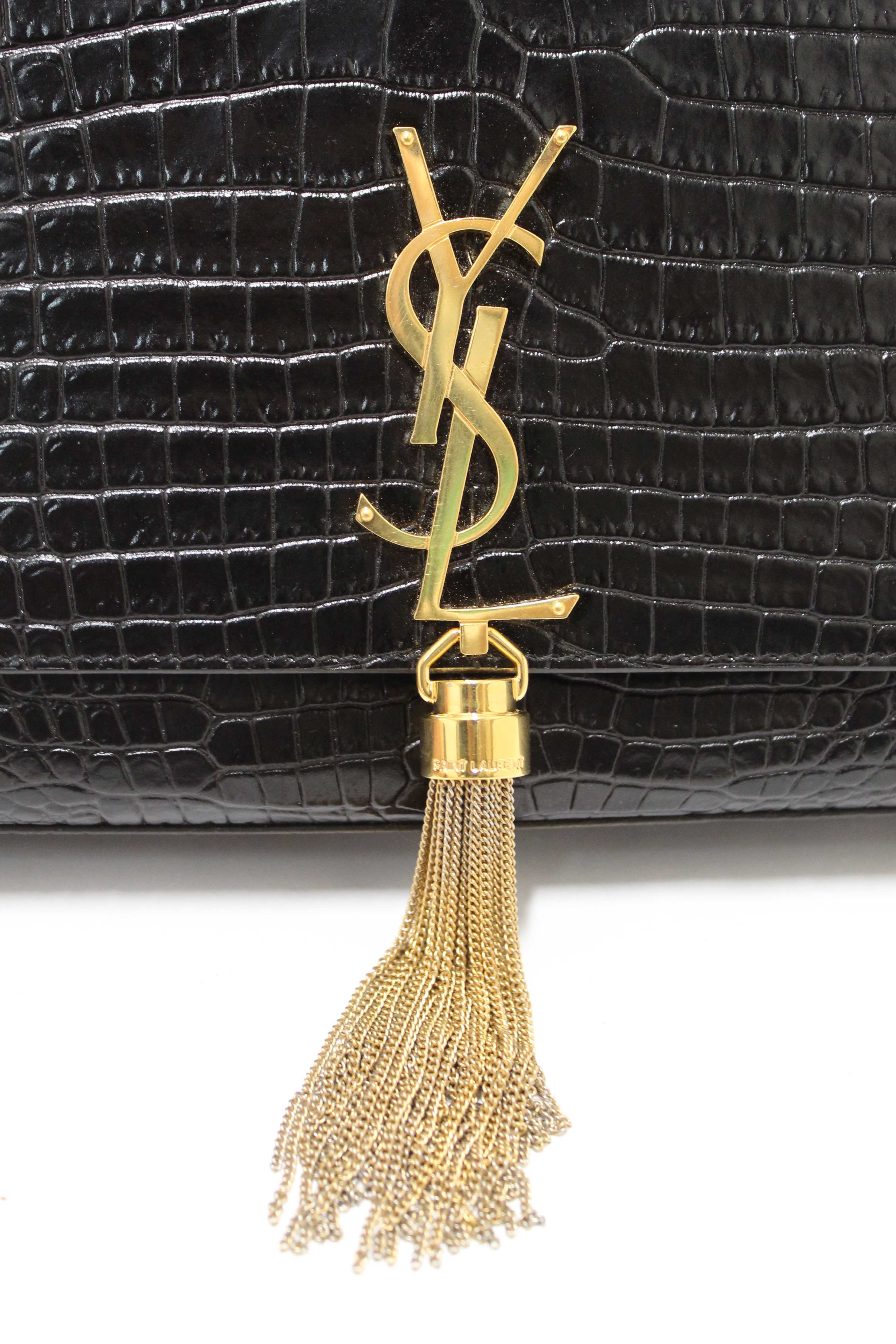 Authentic Saint Laurent Black Crocodile-Embossed Leather and Tassel Medium Kate Chain Bag