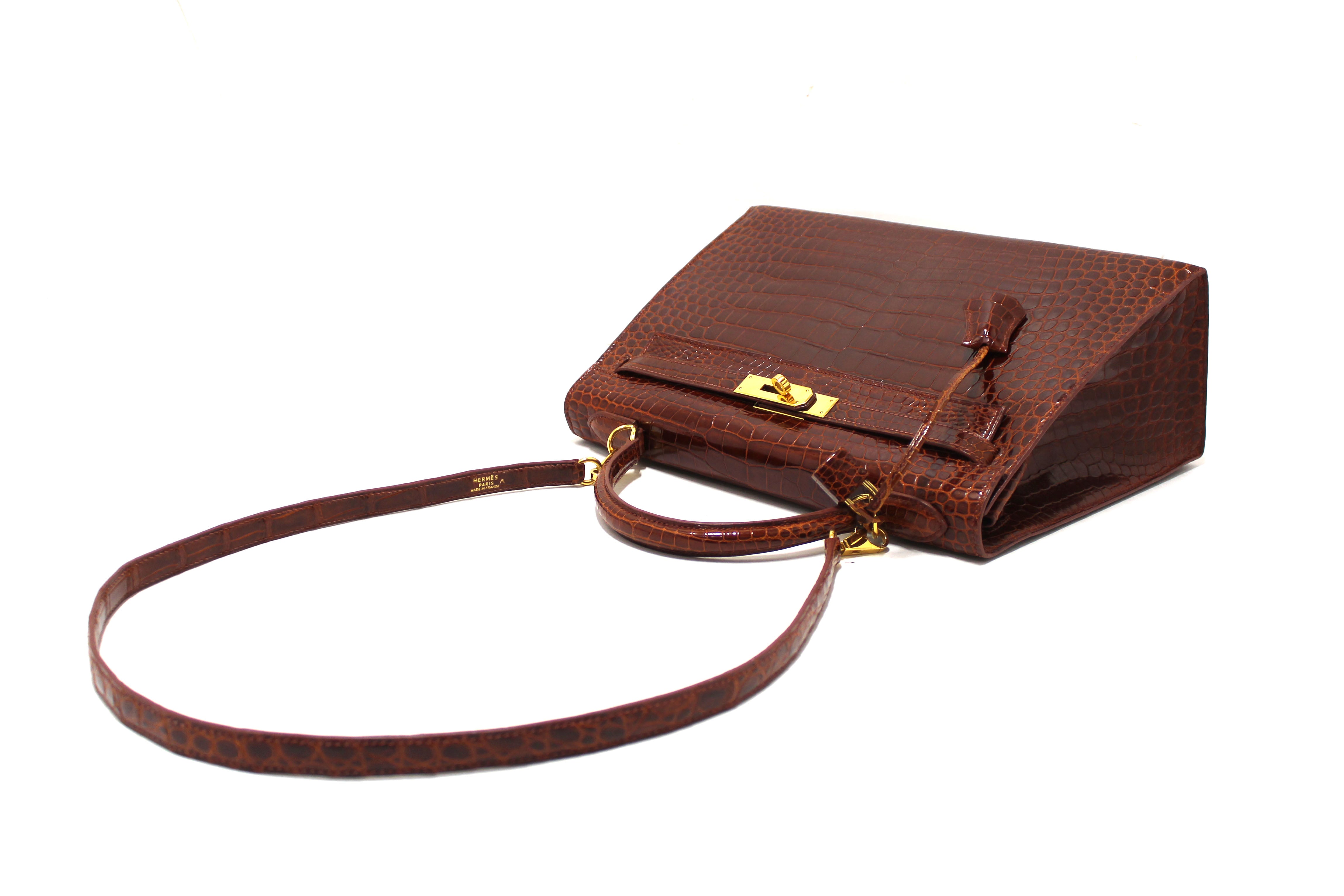 Authentic Hermes Vintage Miel Shiny Alligator Kelly Sellier 32