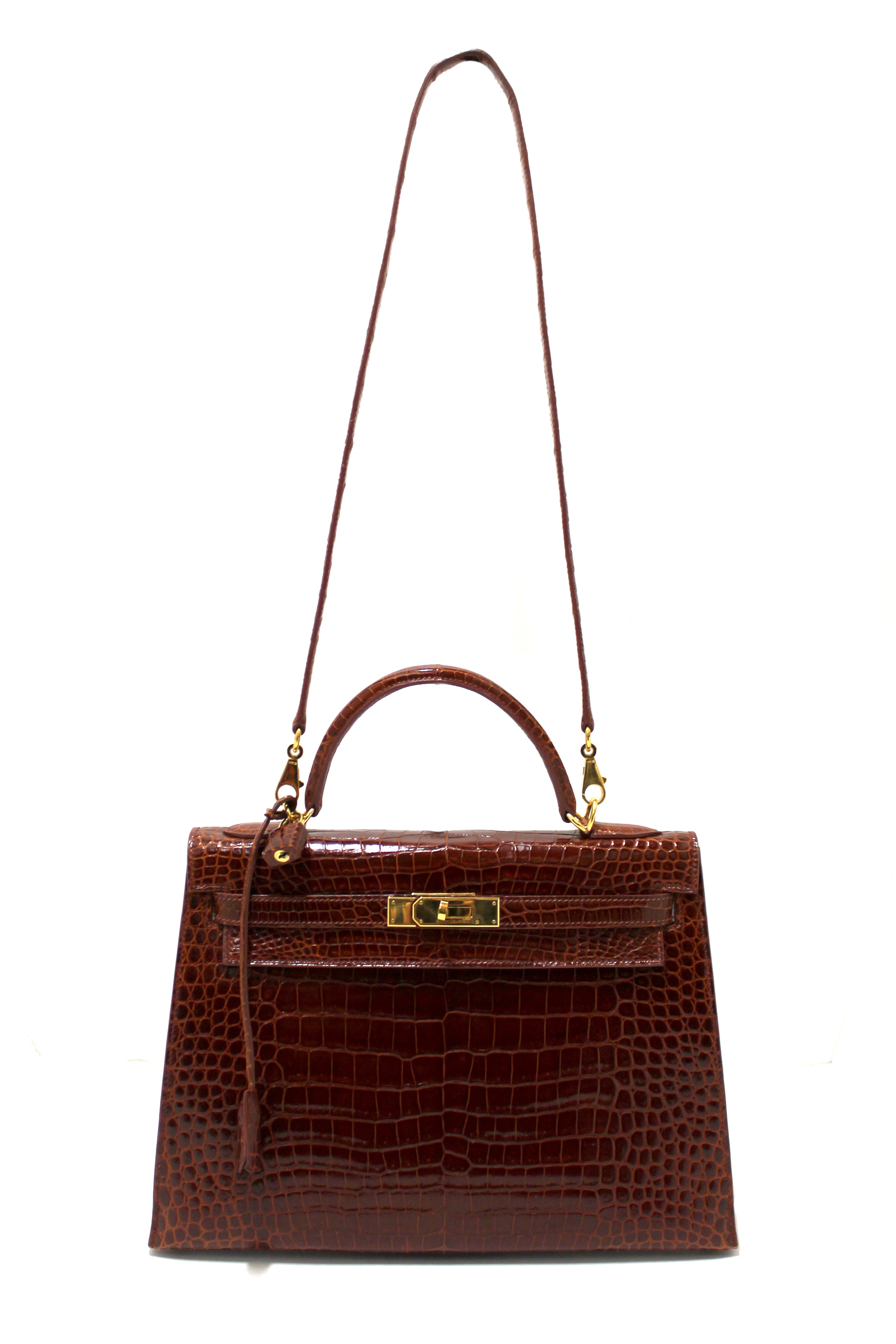 Authentic Hermes Vintage Miel Shiny Alligator Kelly Sellier 32