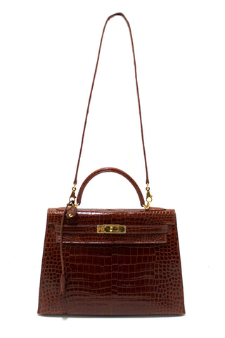 Authentic Hermes Vintage Miel Shiny Alligator Kelly Sellier 32
