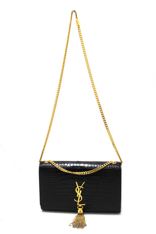 Authentic Saint Laurent Black Crocodile-Embossed Leather and Tassel Medium Kate Chain Bag