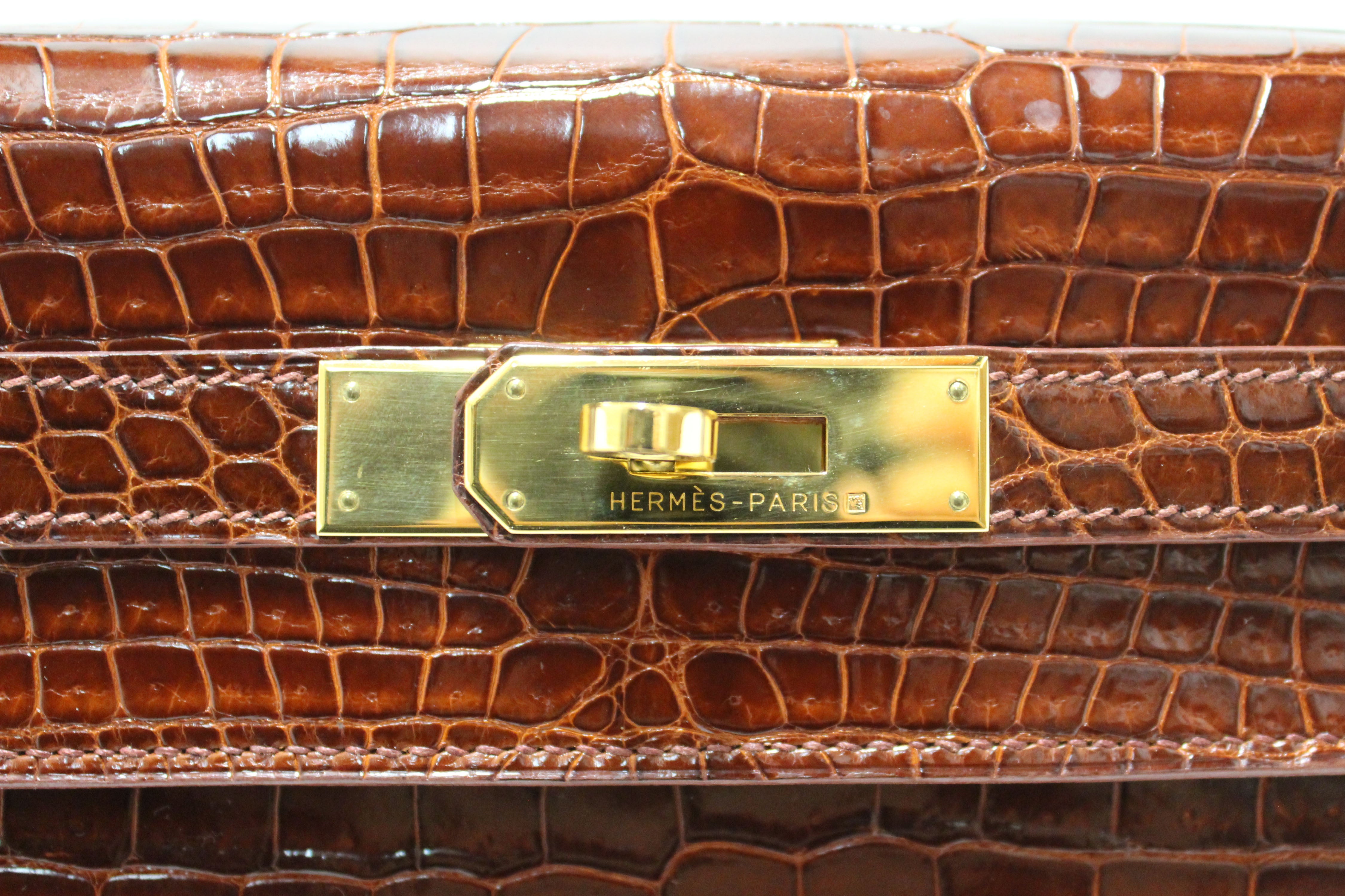 Authentic Hermes Vintage Miel Shiny Alligator Kelly Sellier 32