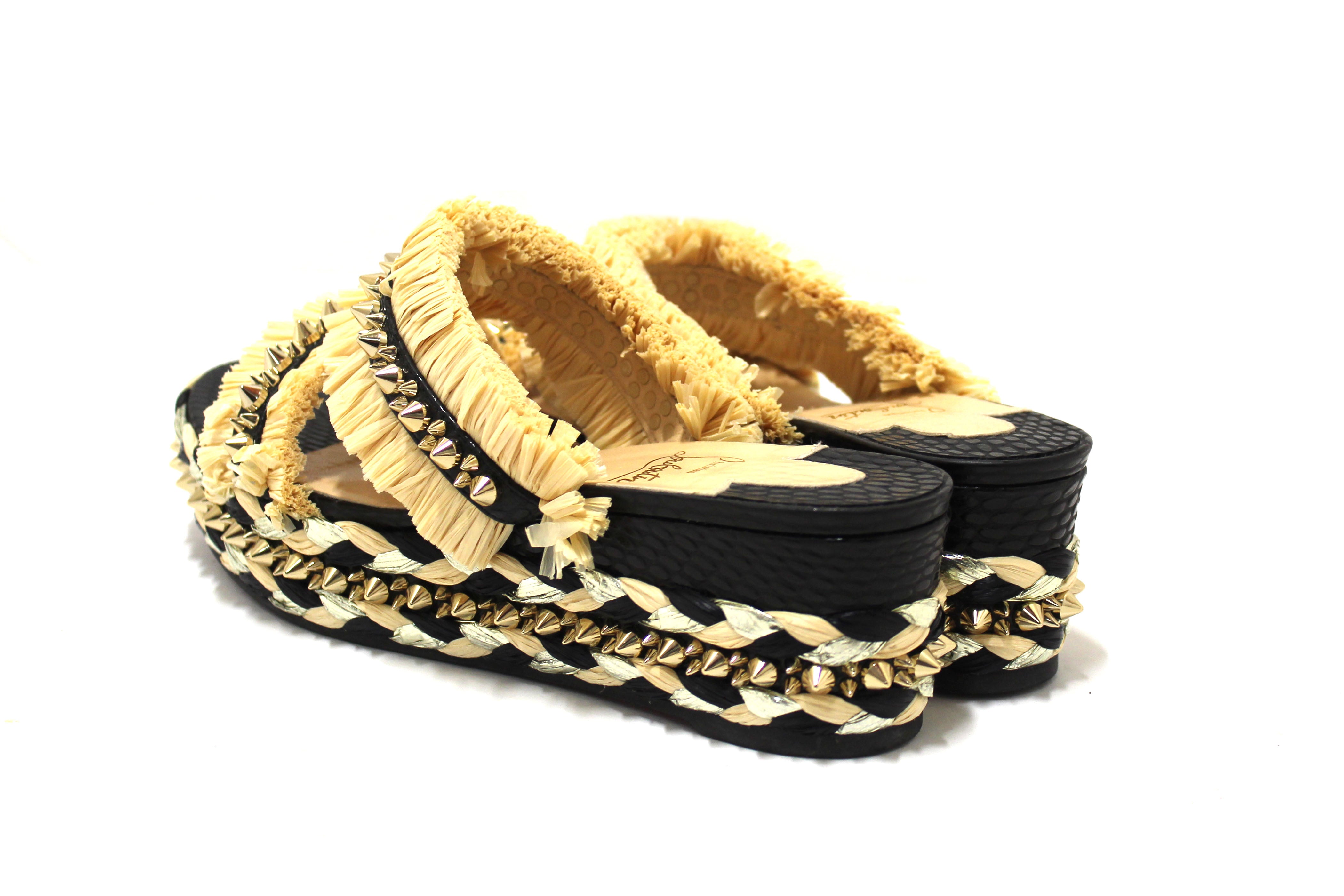 Authentic Christian Louboutin Beige Black Voltinoudou Raffia Wedge Sandals Size 39