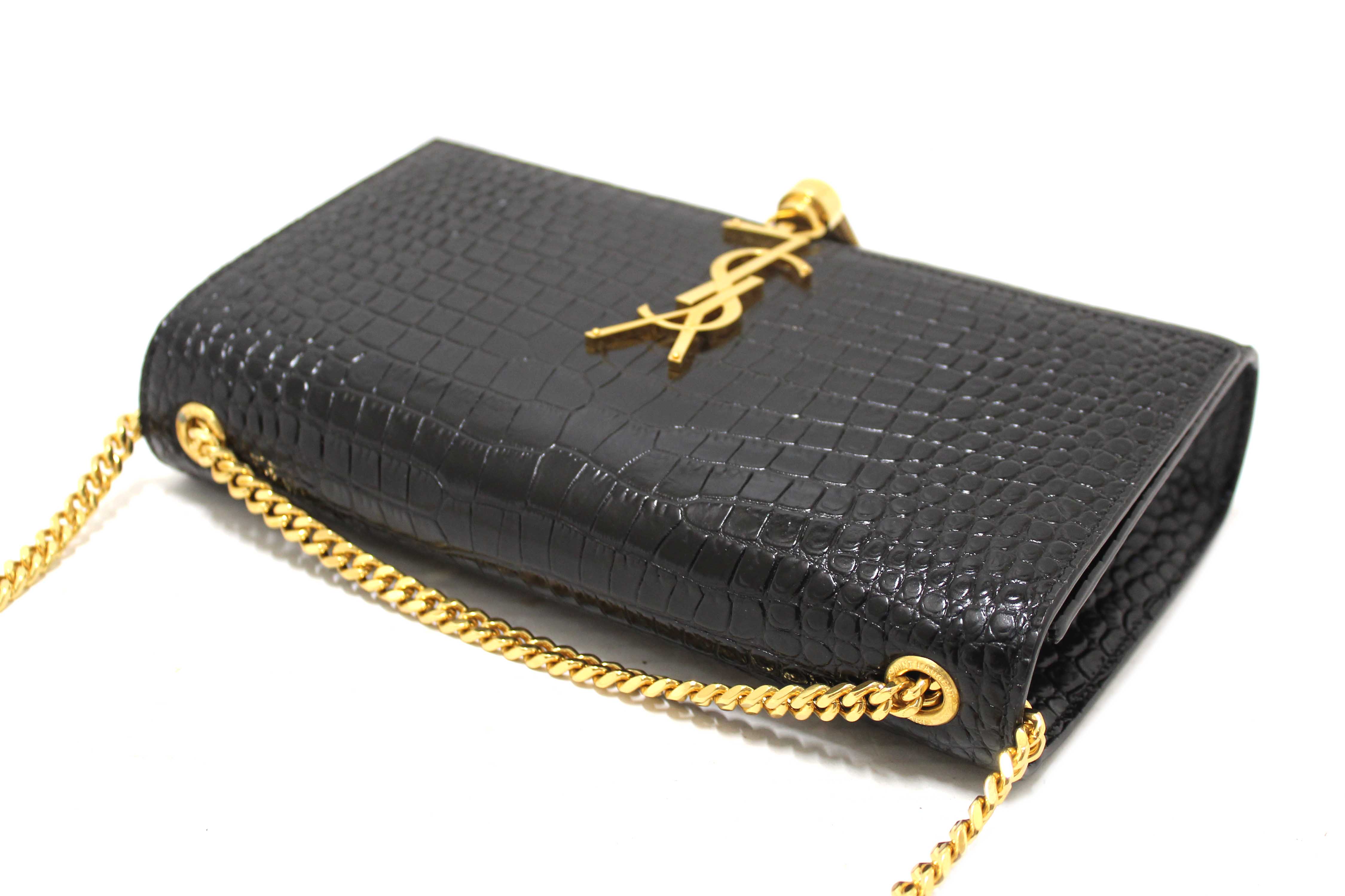 Authentic Saint Laurent Black Crocodile-Embossed Leather and Tassel Medium Kate Chain Bag
