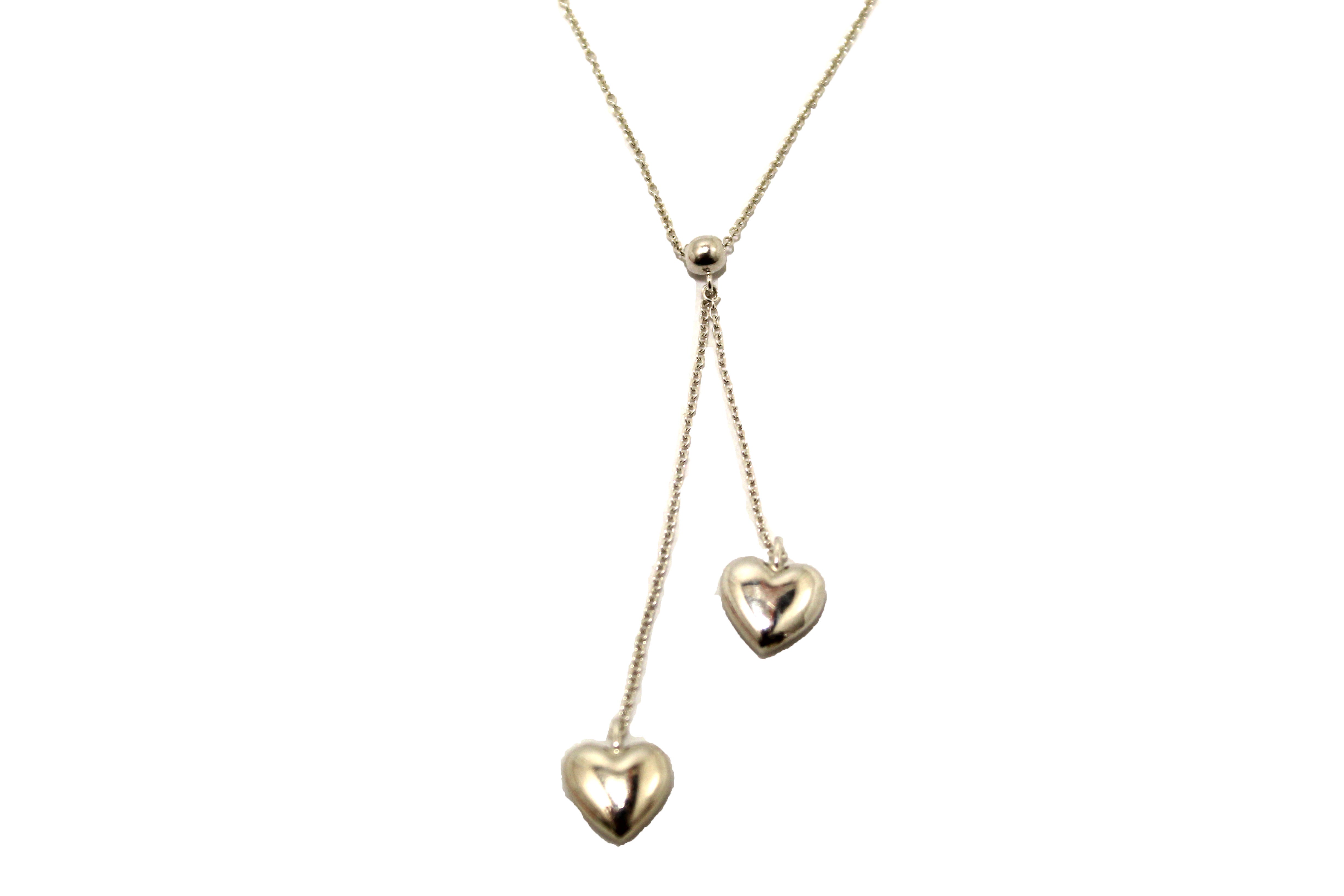 Authentic Tiffany & Co. Sterling Silver Double Drop Puffed Heart Dangling Lariat Necklace