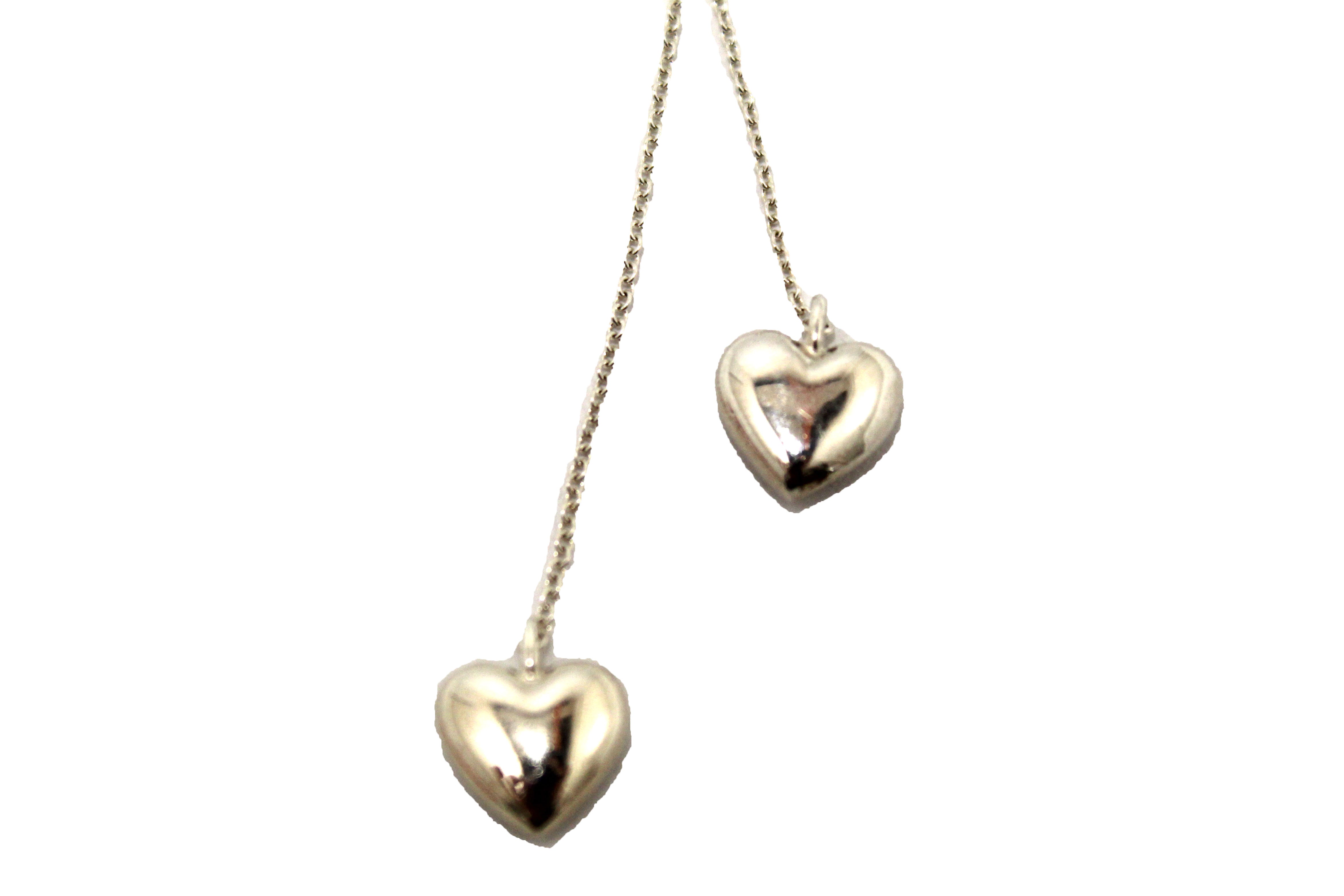 Authentic Tiffany & Co. Sterling Silver Double Drop Puffed Heart Dangling Lariat Necklace