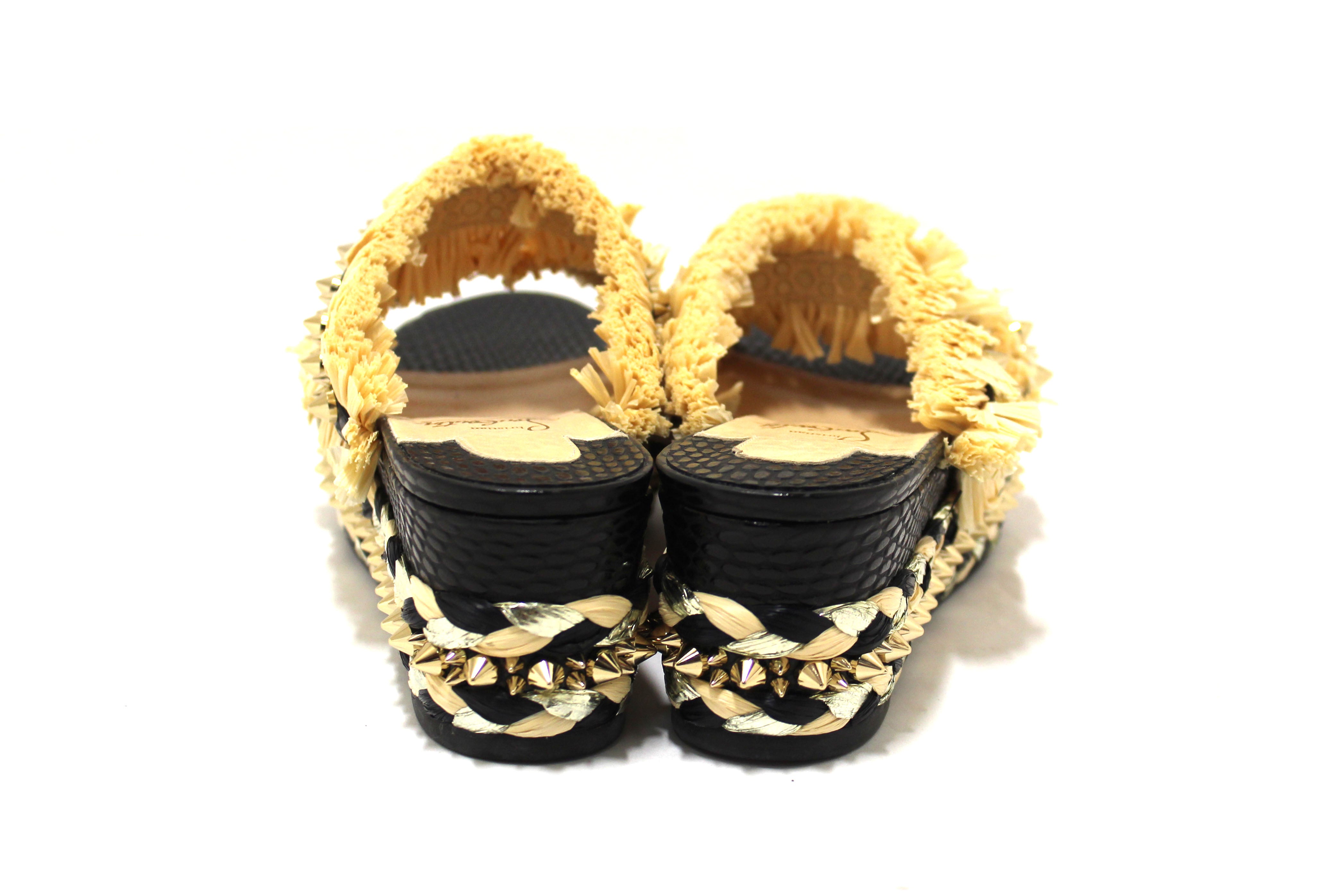 Authentic Christian Louboutin Beige Black Voltinoudou Raffia Wedge Sandals Size 39