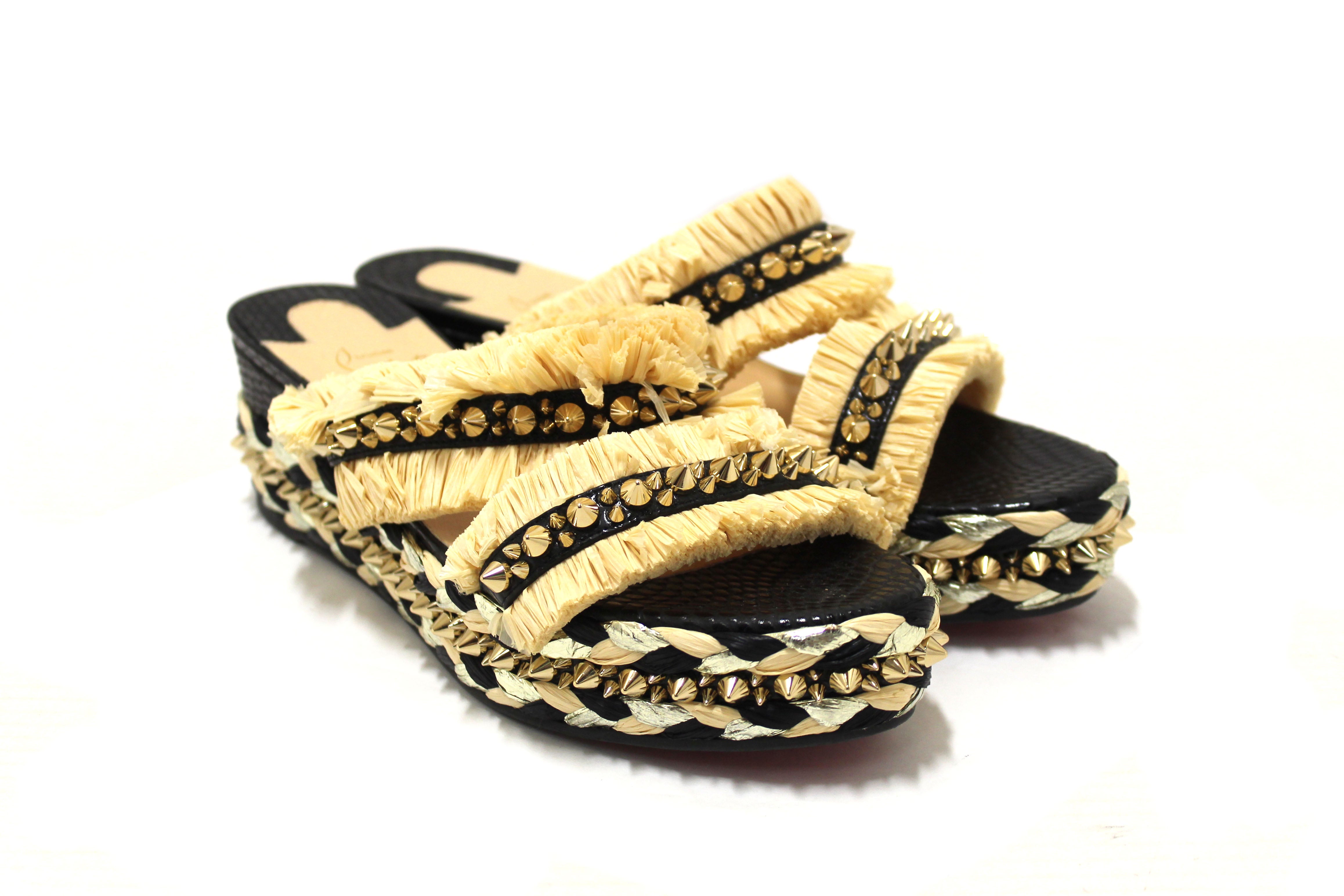 Authentic Christian Louboutin Beige Black Voltinoudou Raffia Wedge Sandals Size 39
