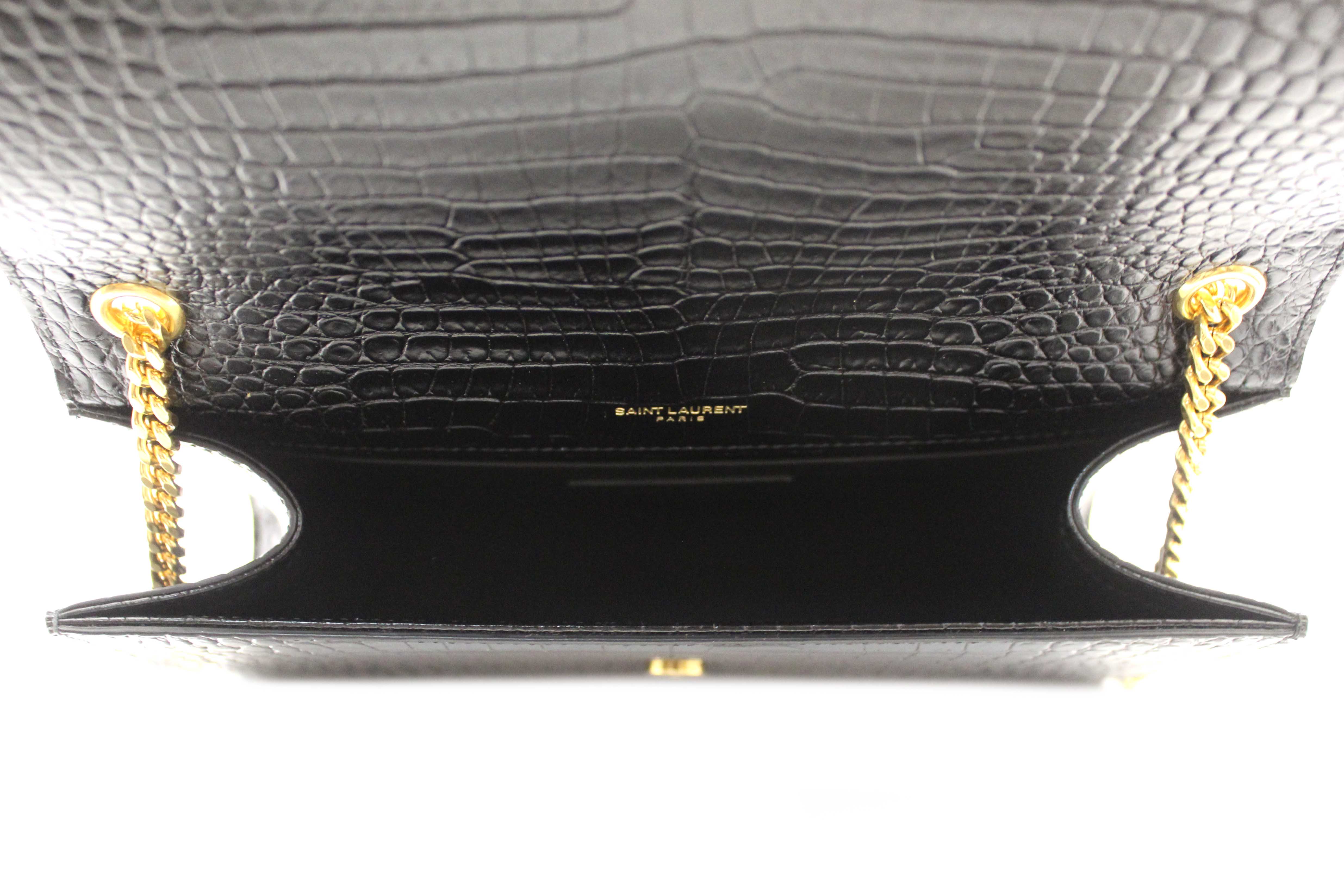Authentic Saint Laurent Black Crocodile-Embossed Leather and Tassel Medium Kate Chain Bag