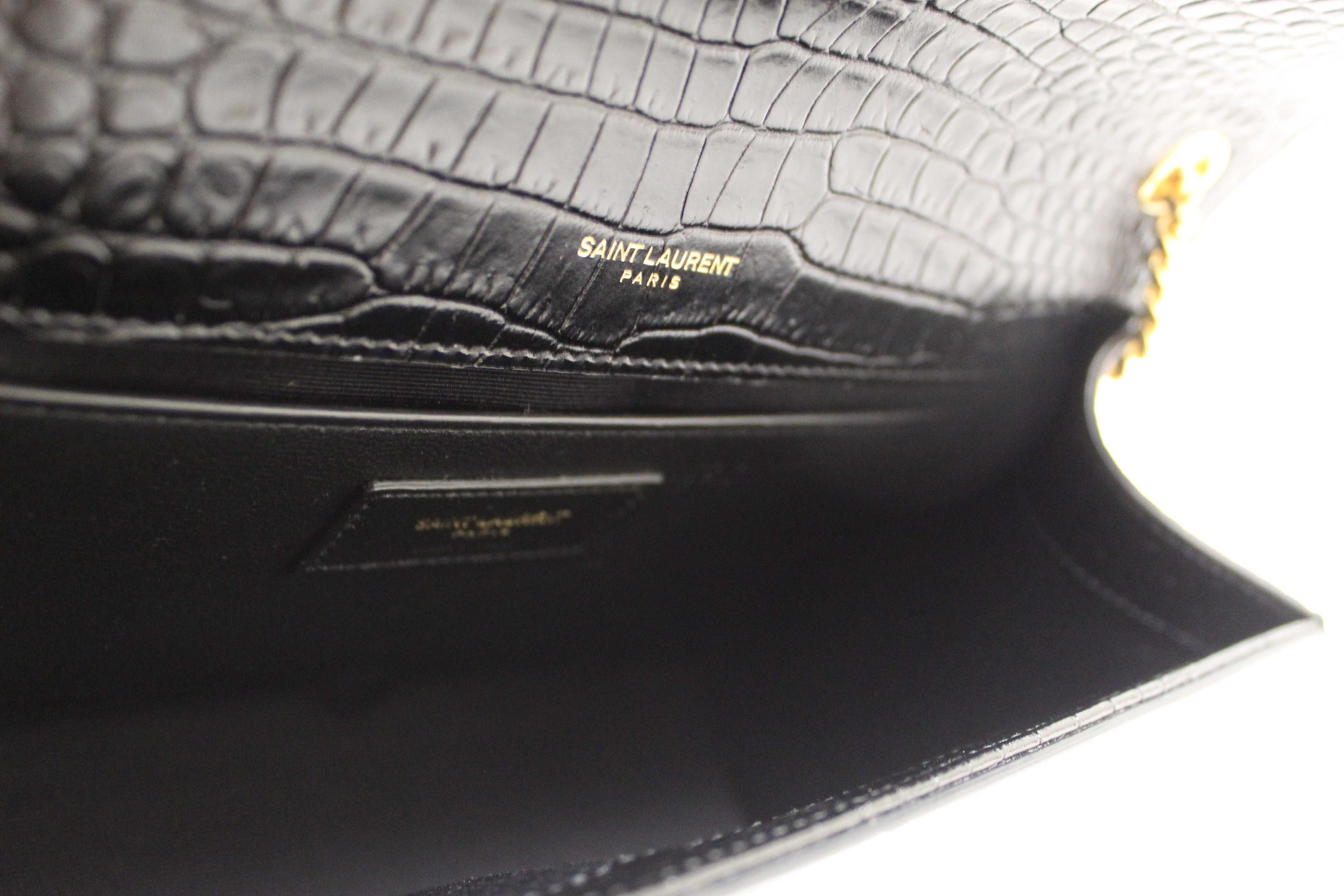 Authentic Saint Laurent Black Crocodile-Embossed Leather and Tassel Medium Kate Chain Bag