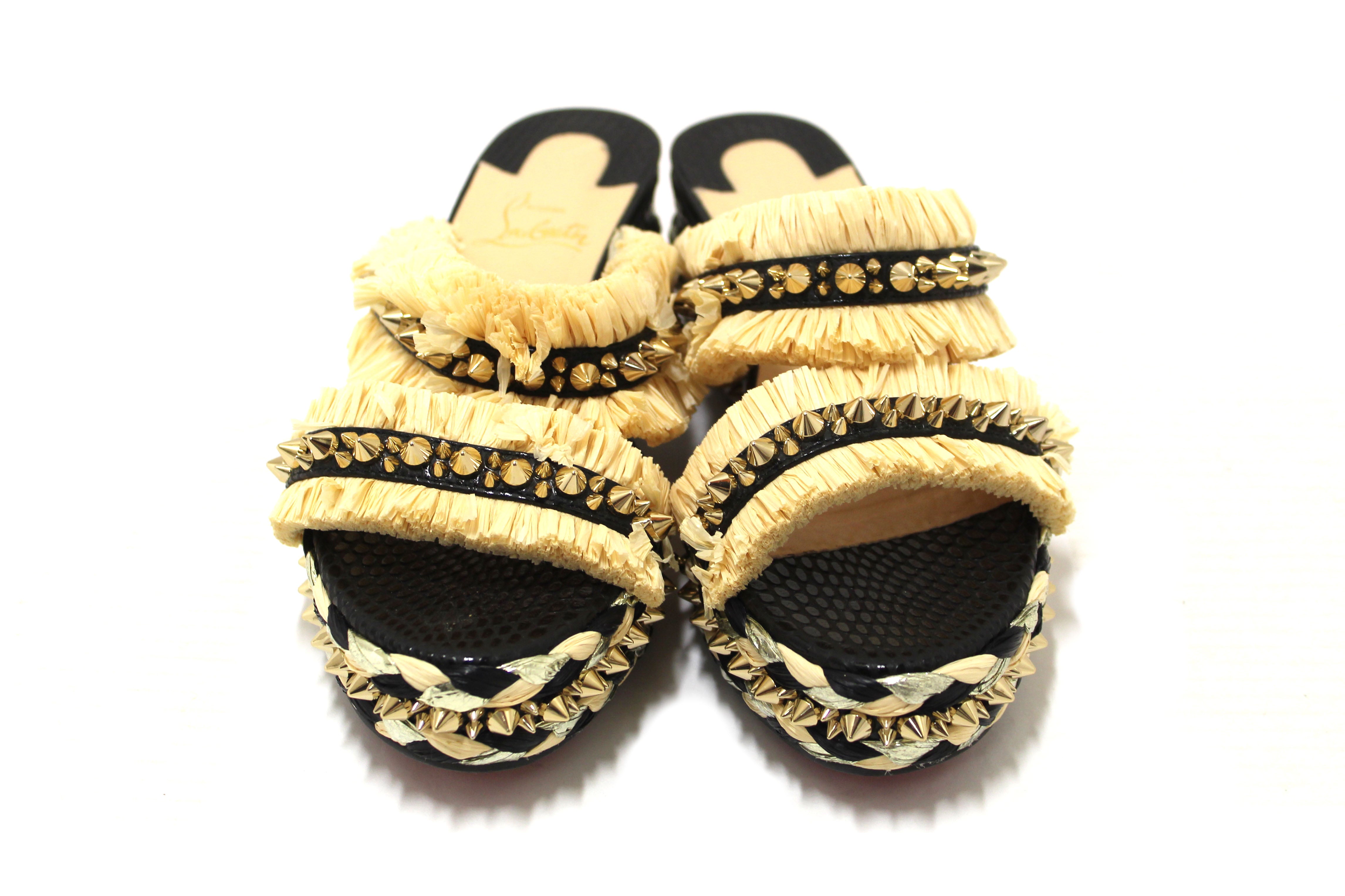 Authentic Christian Louboutin Beige Black Voltinoudou Raffia Wedge Sandals Size 39