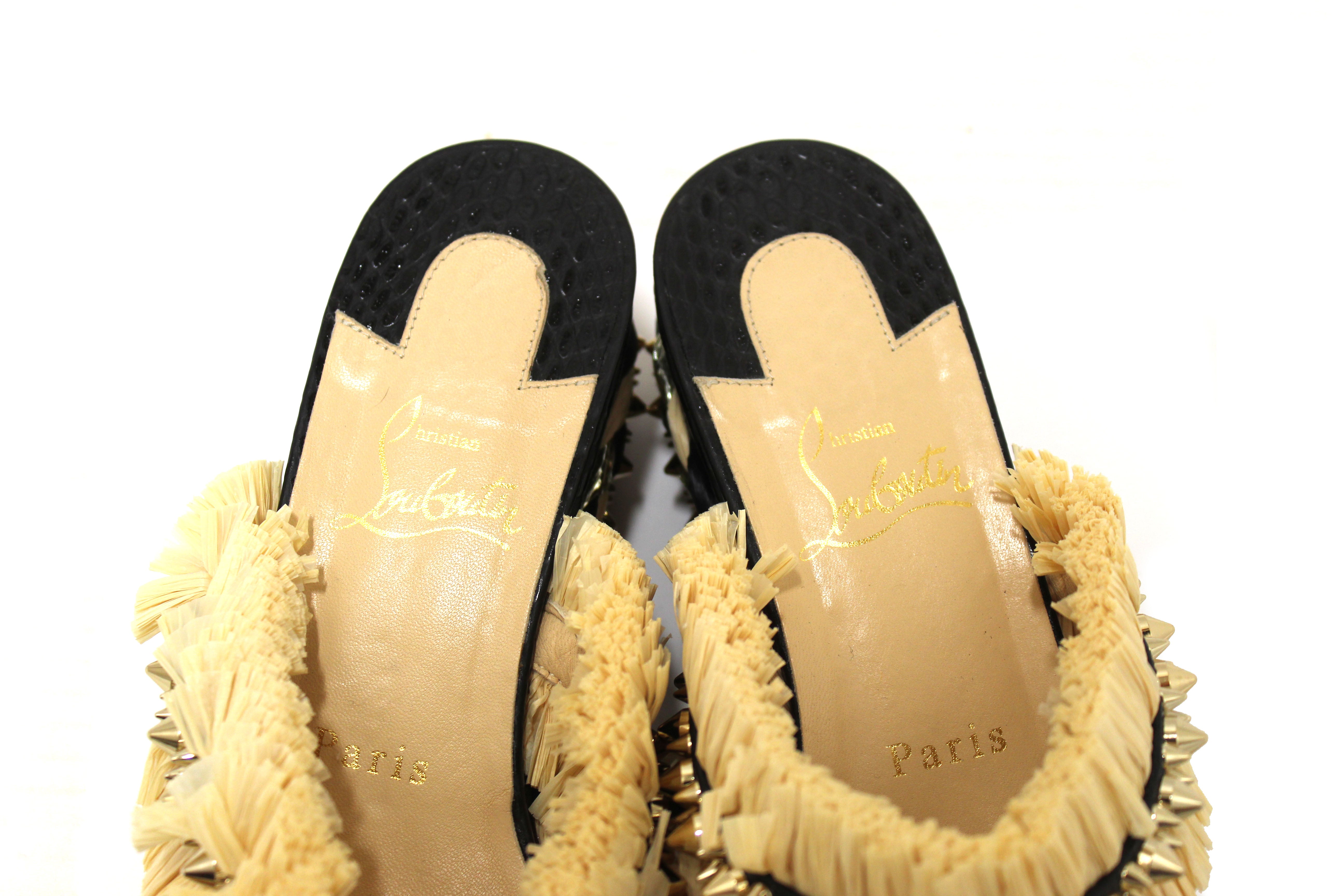 Authentic Christian Louboutin Beige Black Voltinoudou Raffia Wedge Sandals Size 39