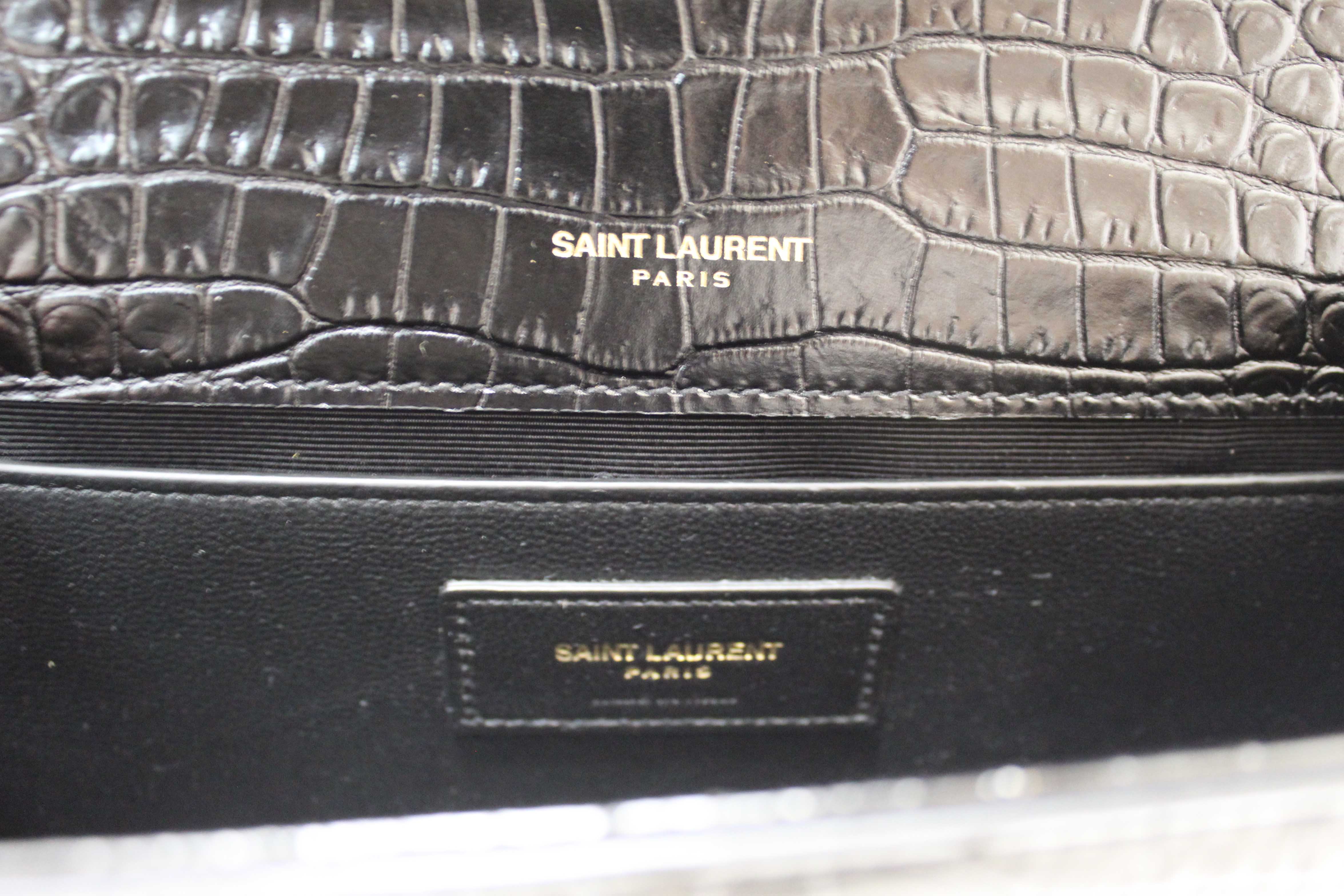 Authentic Saint Laurent Black Crocodile-Embossed Leather and Tassel Medium Kate Chain Bag