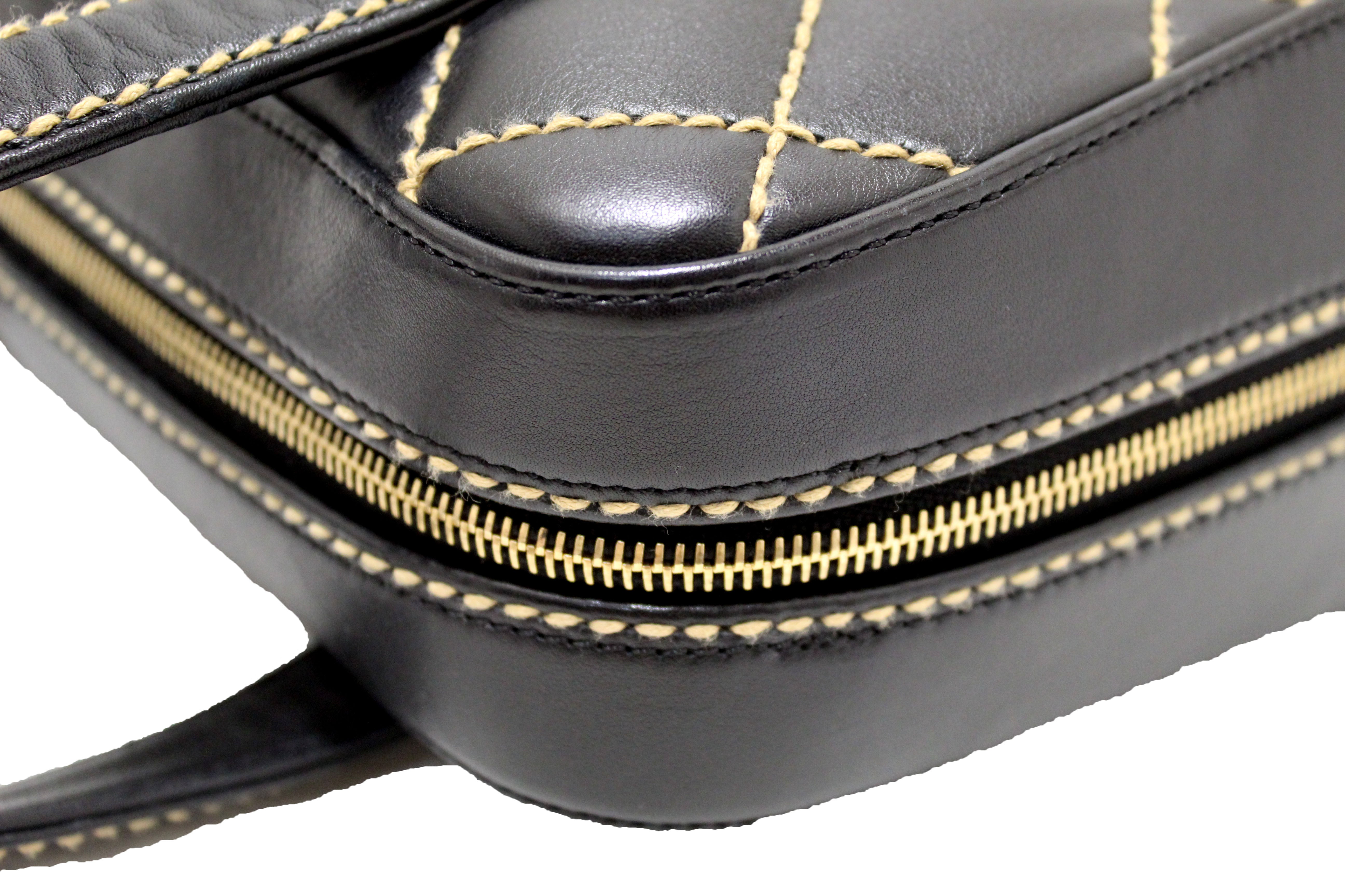 Authentic Chanel Black Calfskin Leather Contrast Stitch Surpique Bowler Bag