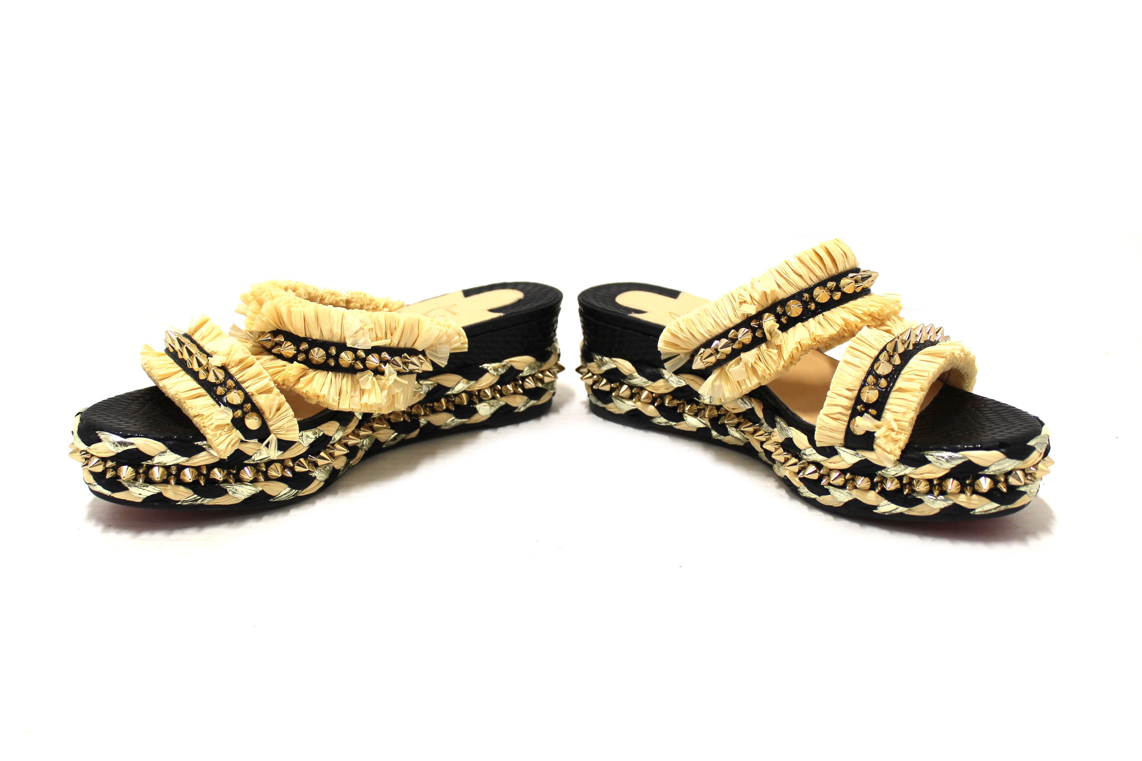 Authentic Christian Louboutin Beige Black Voltinoudou Raffia Wedge Sandals Size 39