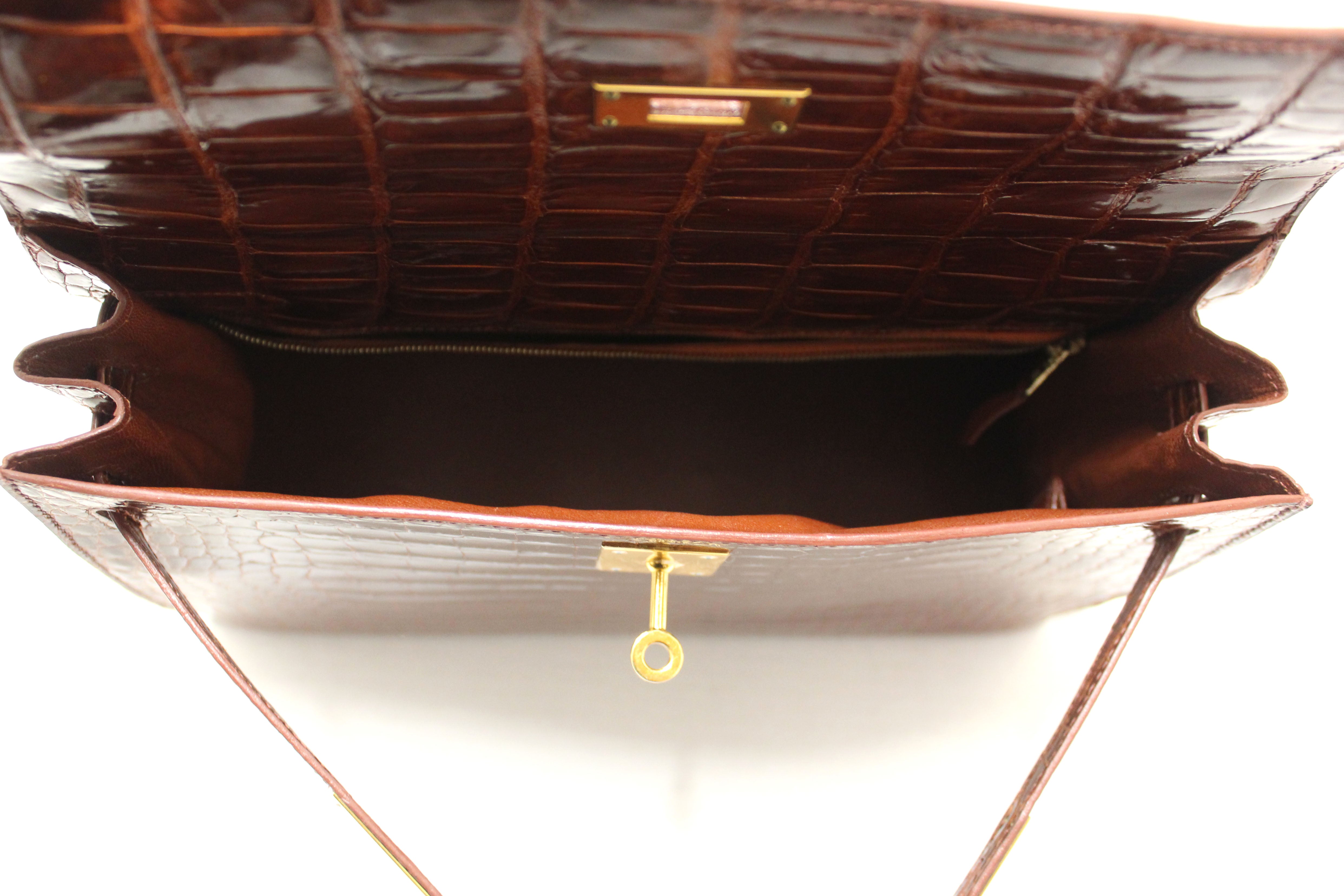Authentic Hermes Vintage Miel Shiny Alligator Kelly Sellier 32