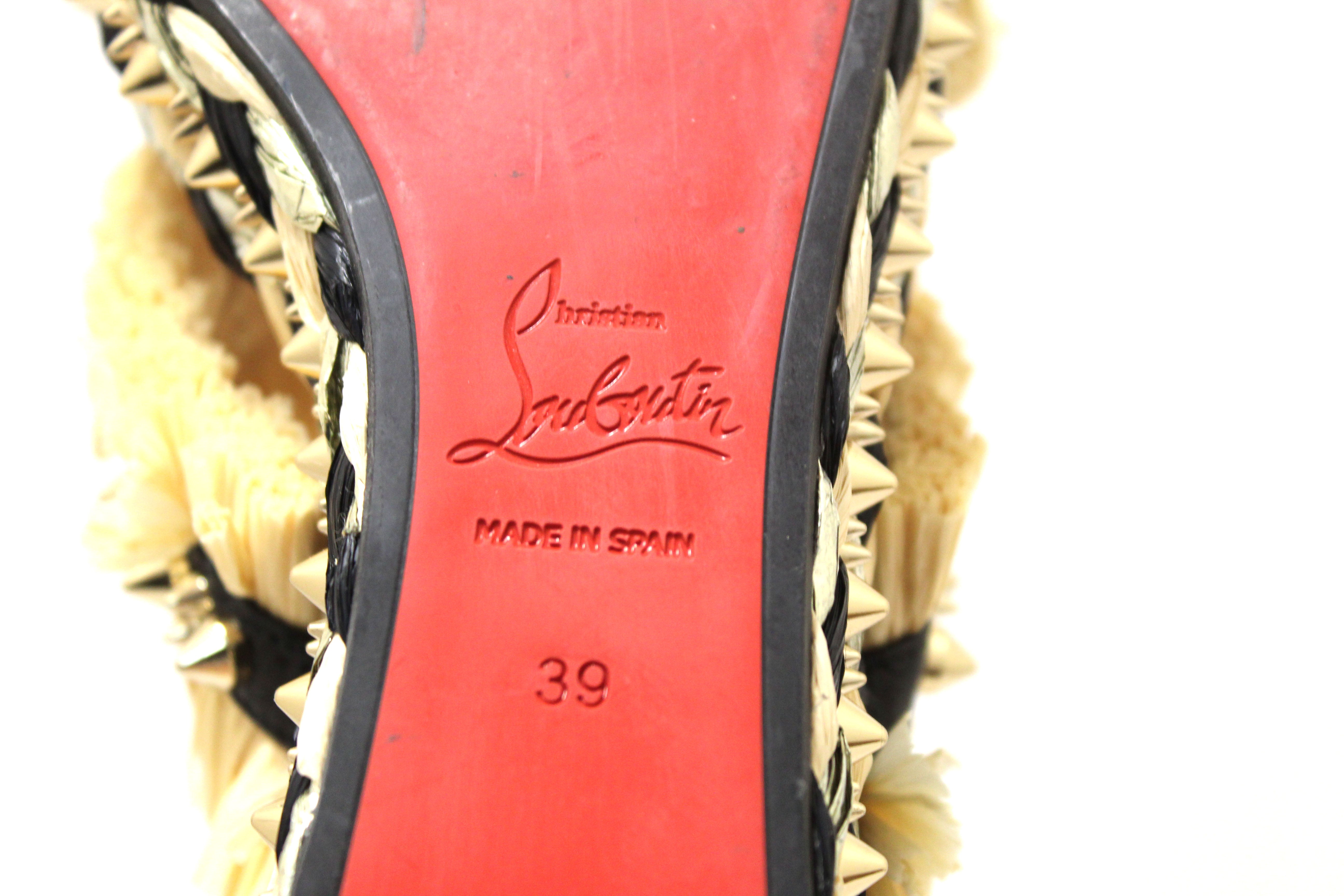 Authentic Christian Louboutin Beige Black Voltinoudou Raffia Wedge Sandals Size 39