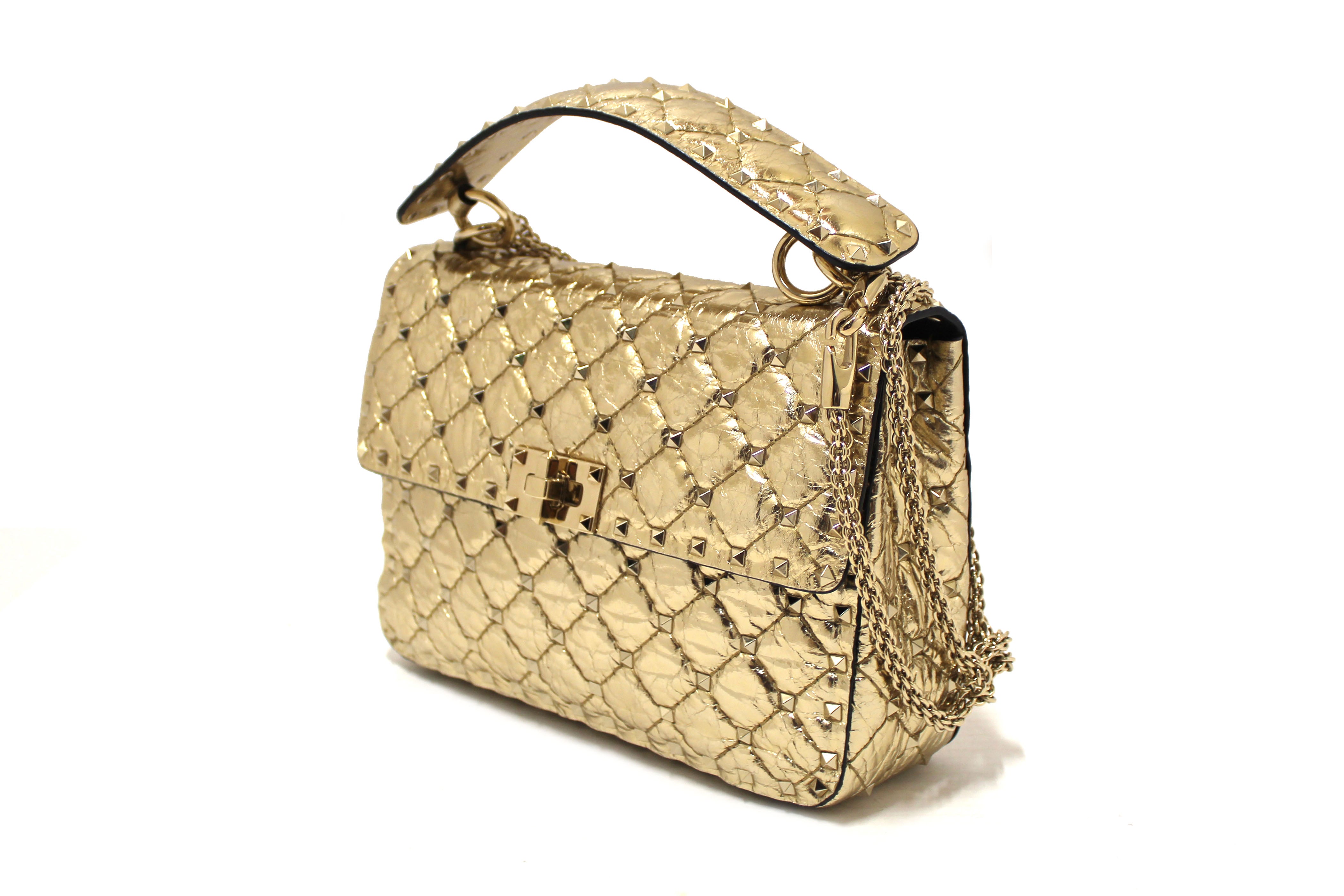 Authentic Valentino Garavani Gold-Tone Metallic Quilted Leather Rockstud Spike Medium Shoulder Bag